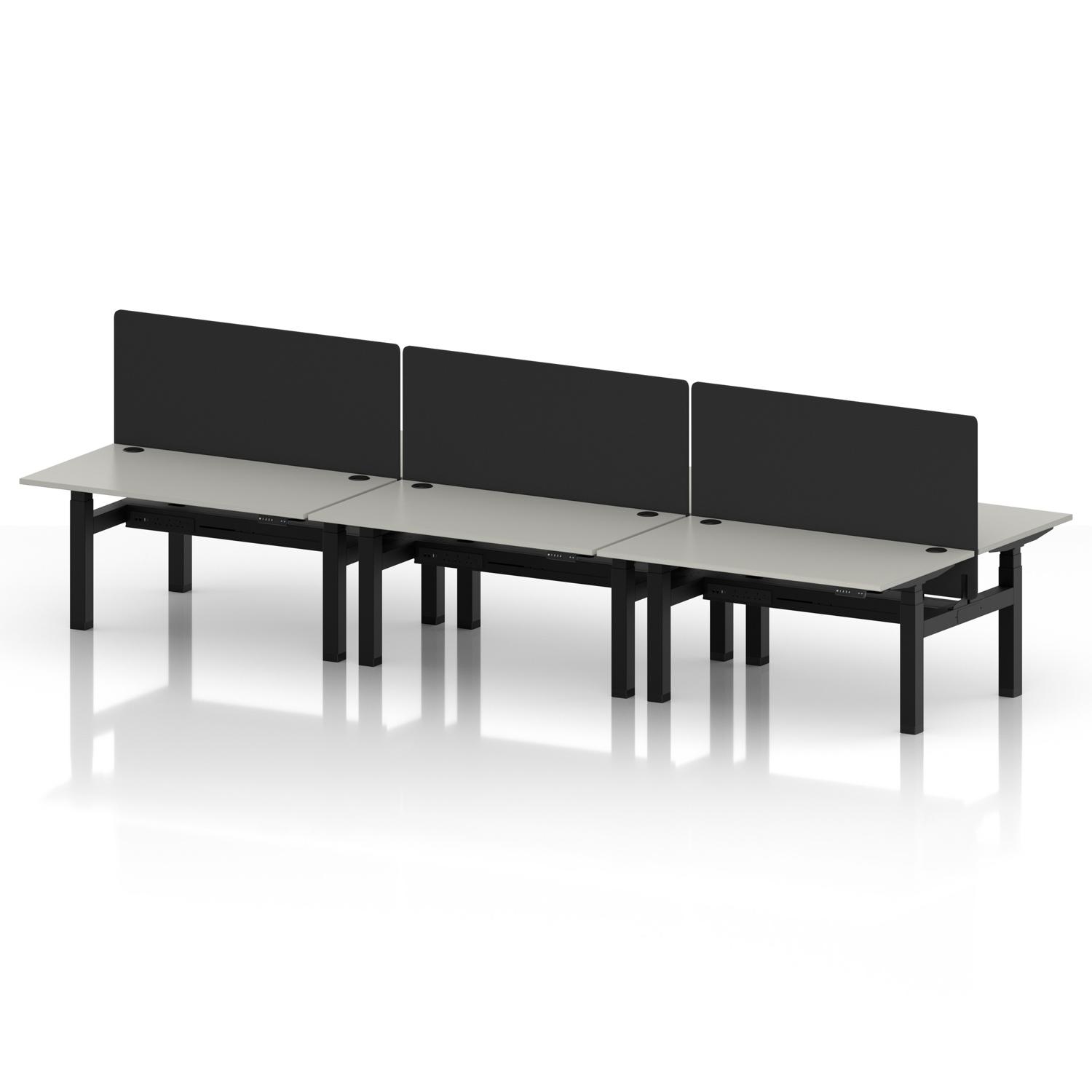 Air Back-to-Back 1400 x 800mm Height Adjustable 6 Person Office Bench Desk Dove Grey Top with Cable Ports Black Frame with Black Straight Screen Air Back-to-Back 1400 x 800mm Height Adjustable 6 Person Office Bench Desk Dove Grey Top with Cable Ports Black Frame with Black Straight Screen