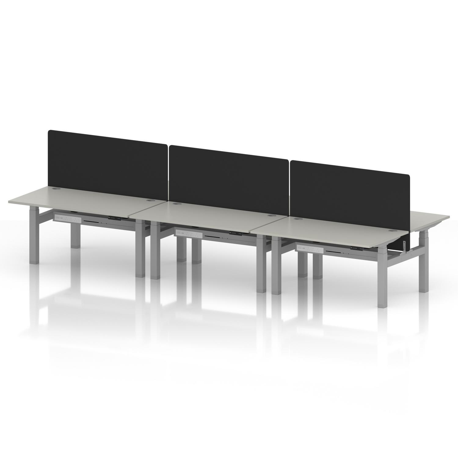 Air Back-to-Back 1400 x 800mm Height Adjustable 6 Person Office Bench Desk Dove Grey Top with Cable Ports Silver Frame with Black Straight Screen Air Back-to-Back 1400 x 800mm Height Adjustable 6 Person Office Bench Desk Dove Grey Top with Cable Ports Silver Frame with Black Straight Screen