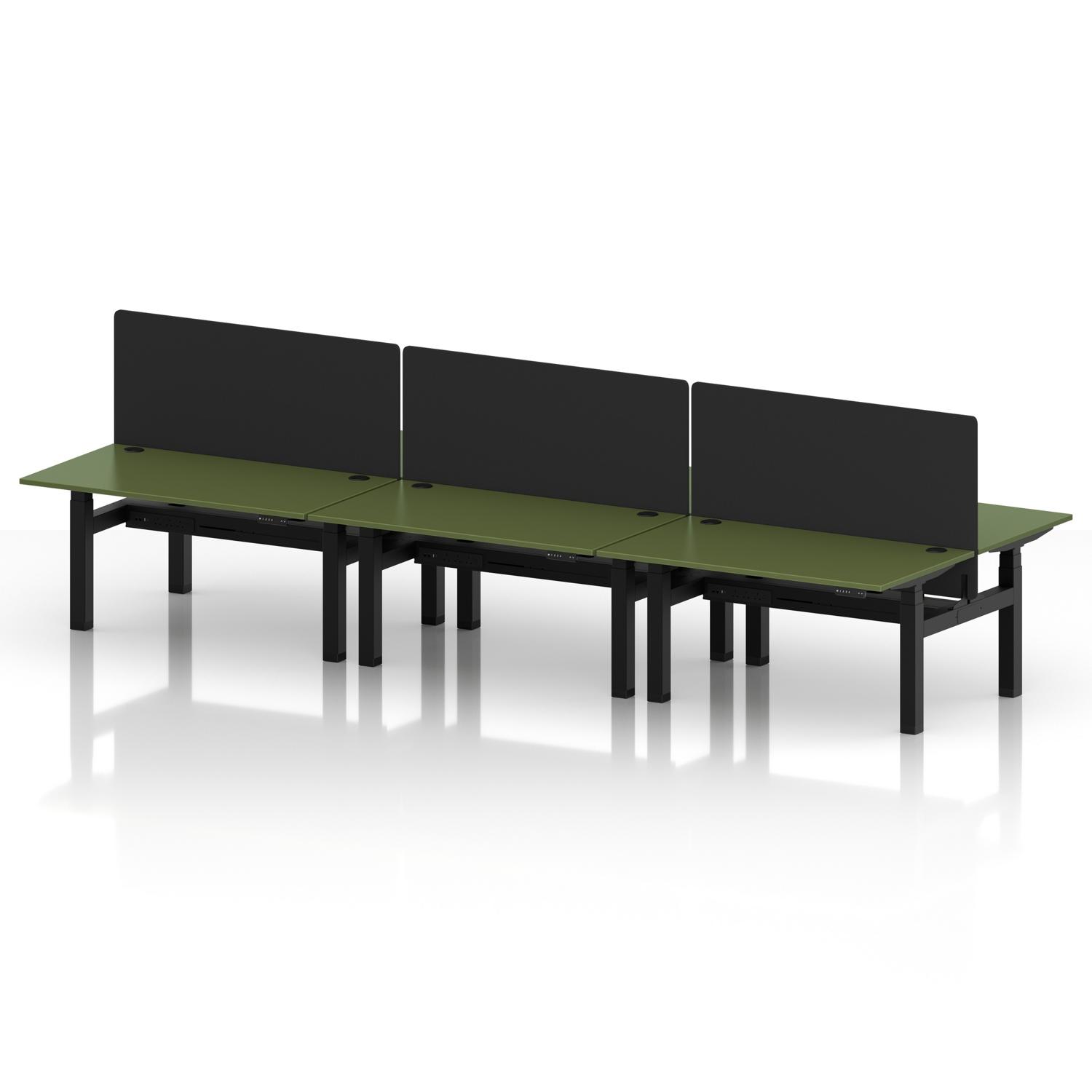 Air Back-to-Back 1400 x 800mm Height Adjustable 6 Person Office Bench Desk Moss Green Top with Cable Ports Black Frame with Black Straight Screen Air Back-to-Back 1400 x 800mm Height Adjustable 6 Person Office Bench Desk Moss Green Top with Cable Ports Black Frame with Black Straight Screen