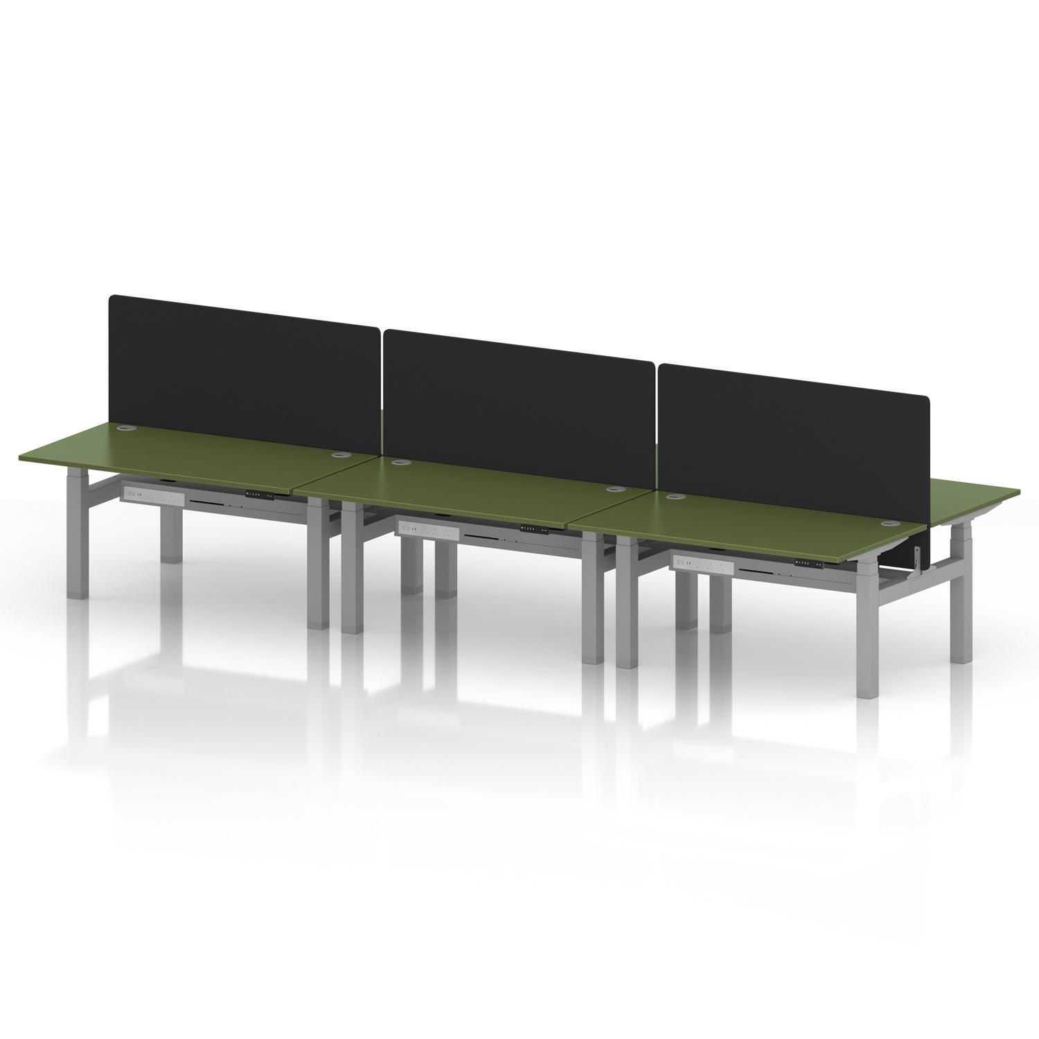 Air Back-to-Back 1400 x 800mm Height Adjustable 6 Person Office Bench Desk Moss Green Top with Cable Ports Silver Frame with Black Straight Screen