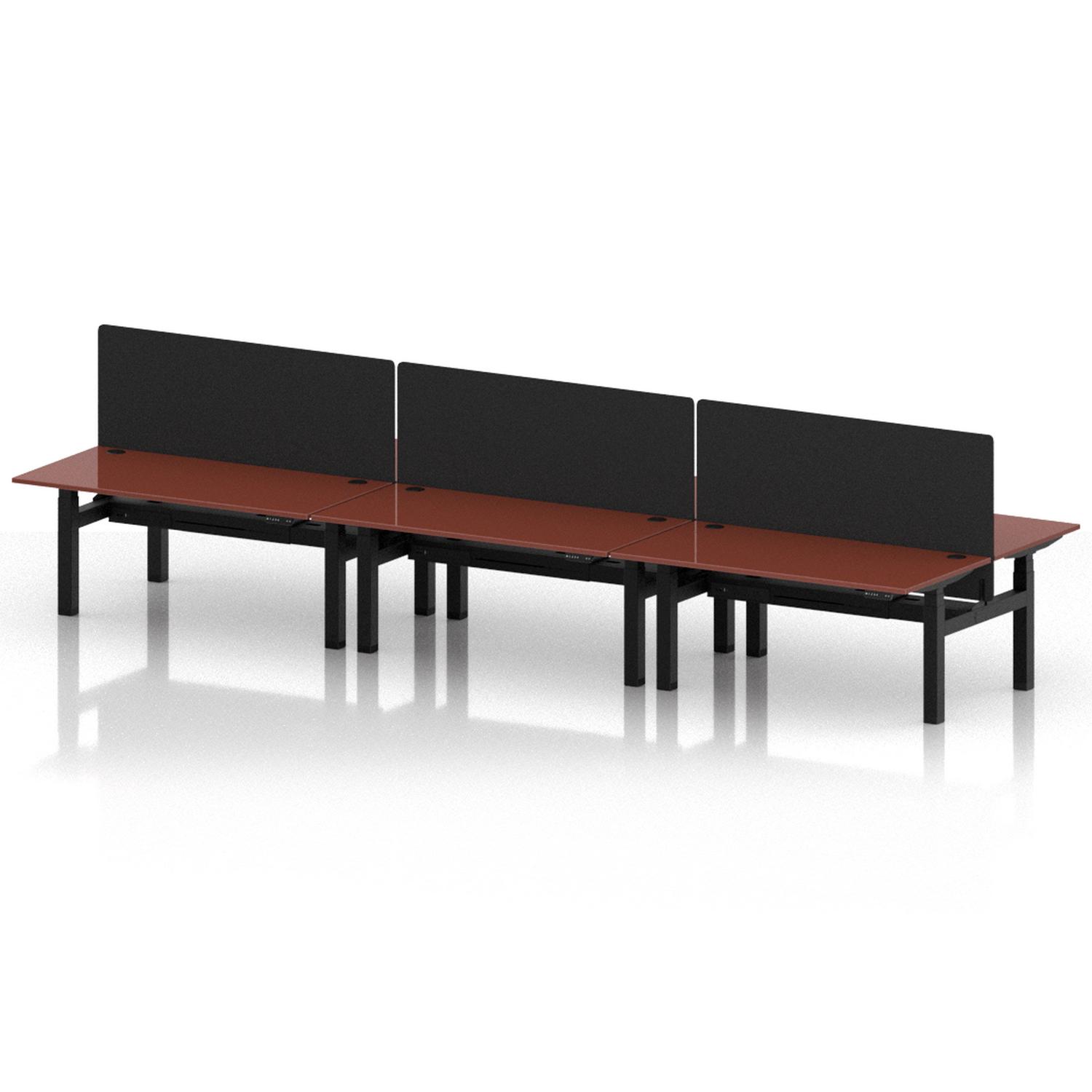 Air Back-to-Back 1600 x 800mm Height Adjustable 6 Person Office Bench Desk Brick Red Top with Cable Ports Black Frame with Black Straight Screen Air Back-to-Back 1600 x 800mm Height Adjustable 6 Person Office Bench Desk Brick Red Top with Cable Ports Black Frame with Black Straight Screen