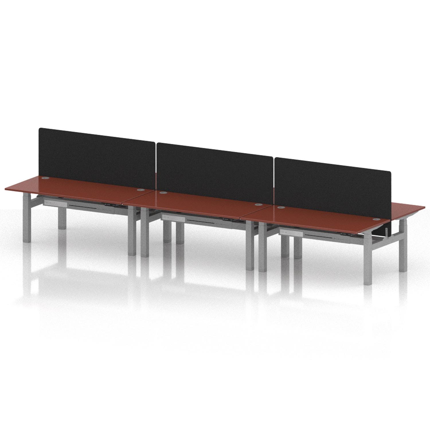 Air Back-to-Back 1600 x 800mm Height Adjustable 6 Person Office Bench Desk Brick Red Top with Cable Ports Silver Frame with Black Straight Screen Air Back-to-Back 1600 x 800mm Height Adjustable 6 Person Office Bench Desk Brick Red Top with Cable Ports Silver Frame with Black Straight Screen