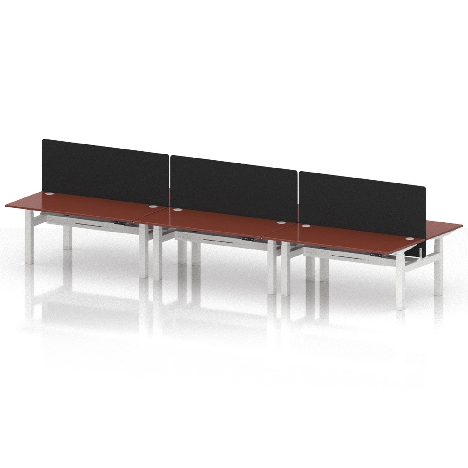 Air Back-to-Back 1600 x 800mm Height Adjustable 6 Person Office Bench Desk Brick Red Top with Cable Ports White Frame with Black Straight Screen Air Back-to-Back 1600 x 800mm Height Adjustable 6 Person Office Bench Desk Brick Red Top with Cable Ports White Frame with Black Straight Screen