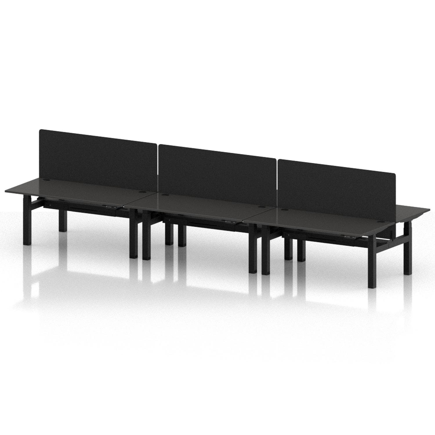 Air Back-to-Back 1600 x 800mm Height Adjustable 6 Person Office Bench Desk Carbon Grey Top with Cable Ports Black Frame with Black Straight Screen Air Back-to-Back 1600 x 800mm Height Adjustable 6 Person Office Bench Desk Carbon Grey Top with Cable Ports Black Frame with Black Straight Screen