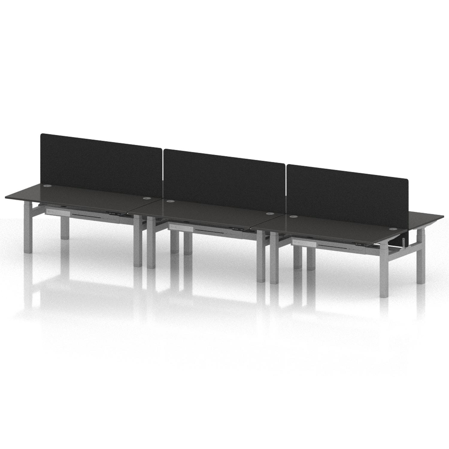 Air Back-to-Back 1600 x 800mm Height Adjustable 6 Person Office Bench Desk Carbon Grey Top with Cable Ports Silver Frame with Black Straight Screen Air Back-to-Back 1600 x 800mm Height Adjustable 6 Person Office Bench Desk Carbon Grey Top with Cable Ports Silver Frame with Black Straight Screen