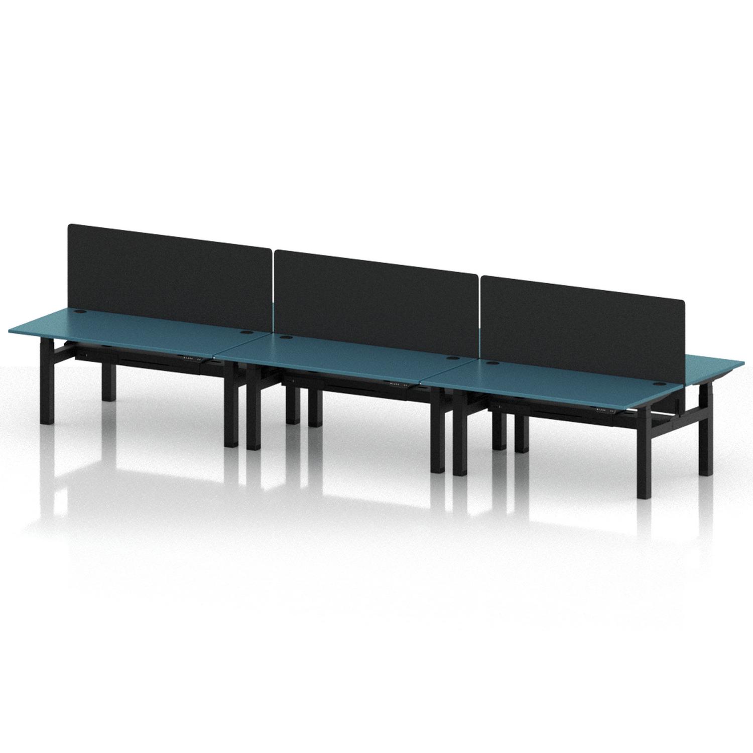 Air Back-to-Back 1600 x 800mm Height Adjustable 6 Person Office Bench Desk Dark Teal Top with Cable Ports Black Frame with Black Straight Screen Air Back-to-Back 1600 x 800mm Height Adjustable 6 Person Office Bench Desk Dark Teal Top with Cable Ports Black Frame with Black Straight Screen