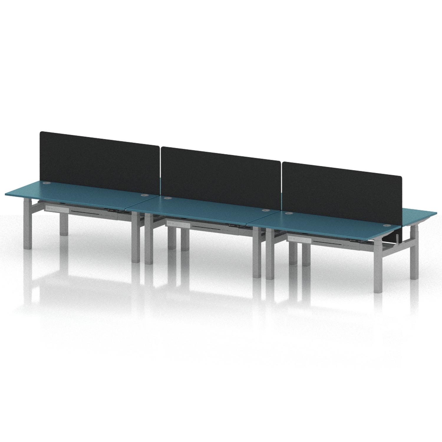 Air Back-to-Back 1600 x 800mm Height Adjustable 6 Person Office Bench Desk Dark Teal Top with Cable Ports Silver Frame with Black Straight Screen Air Back-to-Back 1600 x 800mm Height Adjustable 6 Person Office Bench Desk Dark Teal Top with Cable Ports Silver Frame with Black Straight Screen