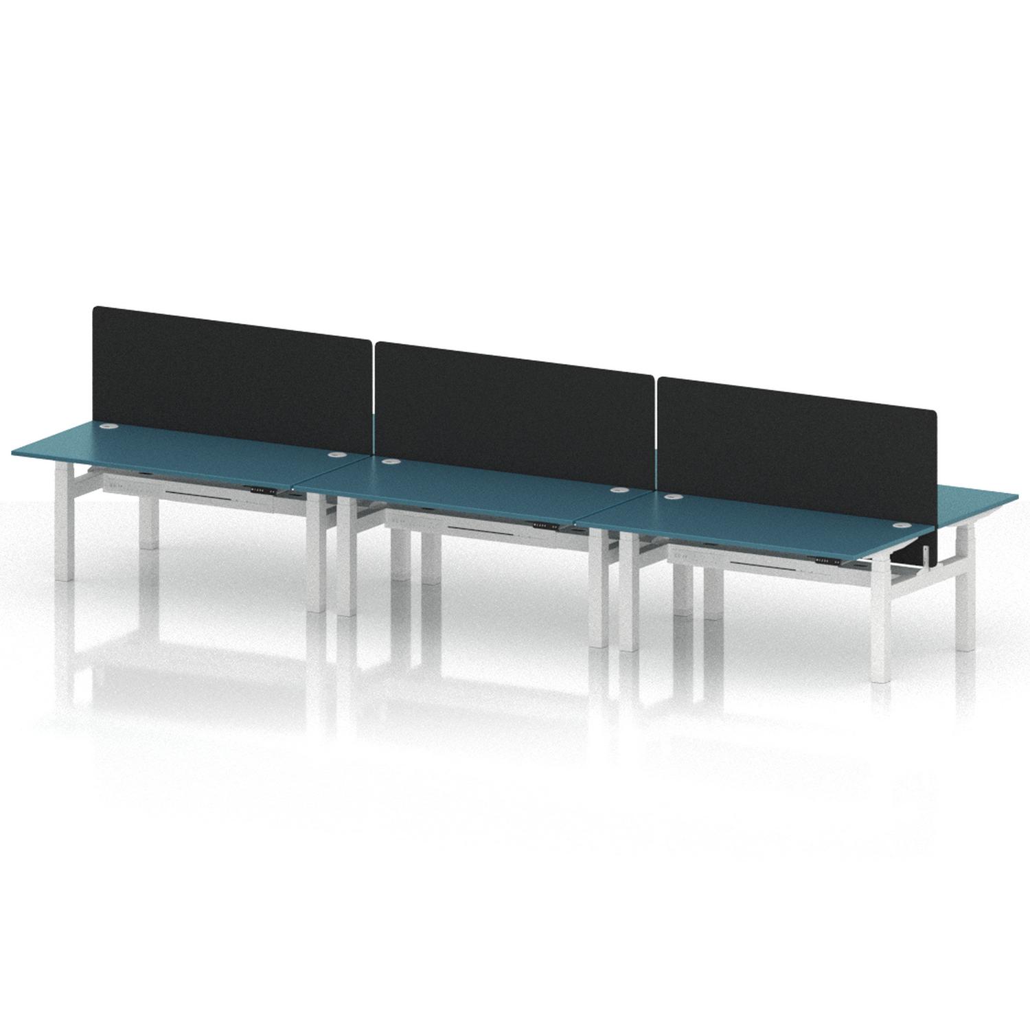 Air Back-to-Back 1600 x 800mm Height Adjustable 6 Person Office Bench Desk Dark Teal Top with Cable Ports White Frame with Black Straight Screen Air Back-to-Back 1600 x 800mm Height Adjustable 6 Person Office Bench Desk Dark Teal Top with Cable Ports White Frame with Black Straight Screen