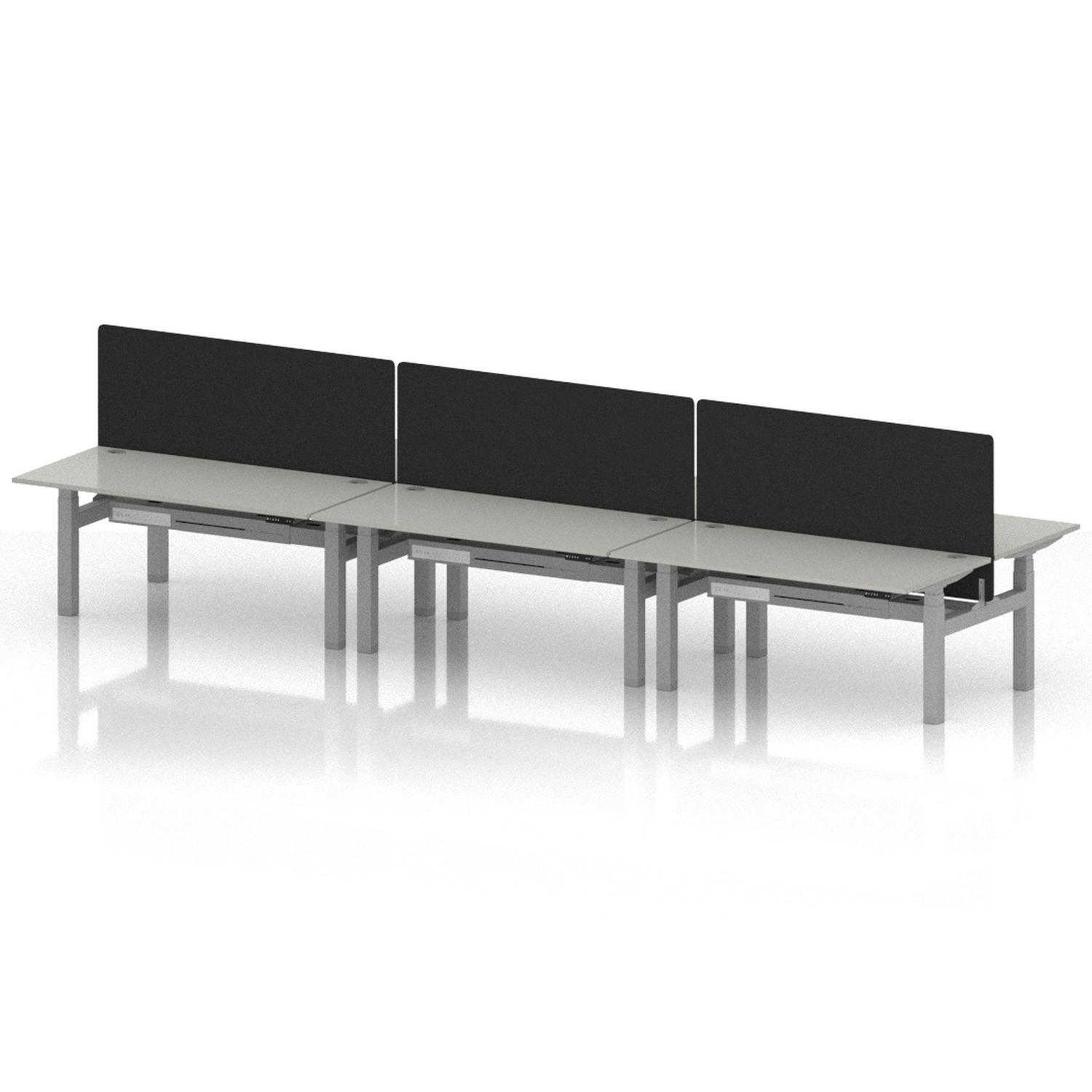 Air Back-to-Back 1600 x 800mm Height Adjustable 6 Person Office Bench Desk Dove Grey Top with Cable Ports Silver Frame with Black Straight Screen