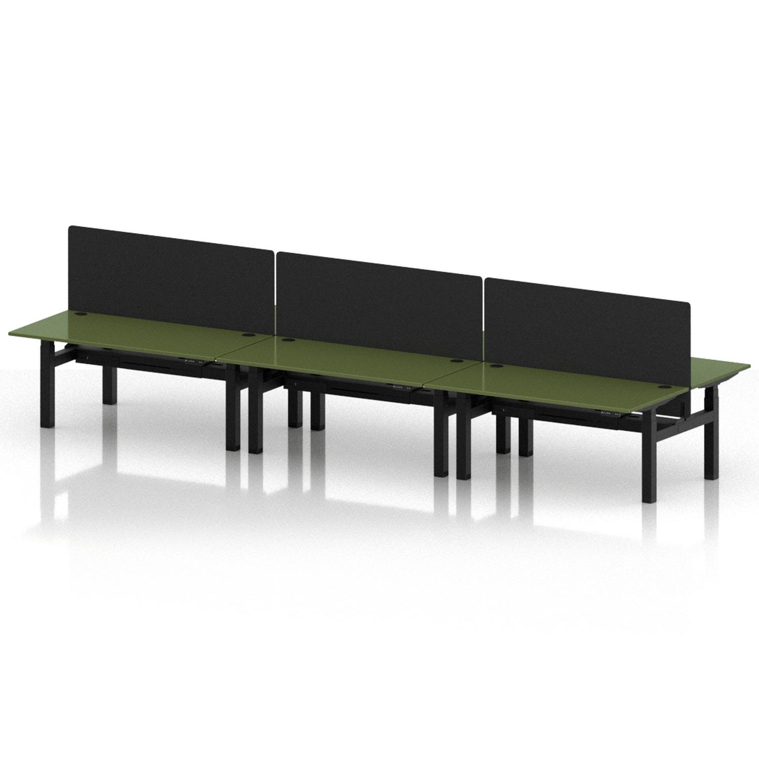 Air Back-to-Back 1600 x 800mm Height Adjustable 6 Person Office Bench Desk Moss Green Top with Cable Ports Black Frame with Black Straight Screen