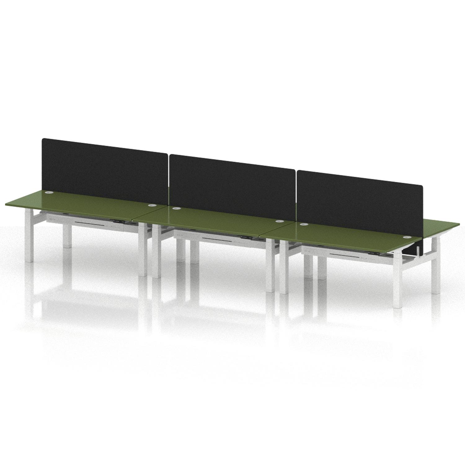 Air Back-to-Back 1600 x 800mm Height Adjustable 6 Person Office Bench Desk Moss Green Top with Cable Ports White Frame with Black Straight Screen Air Back-to-Back 1600 x 800mm Height Adjustable 6 Person Office Bench Desk Moss Green Top with Cable Ports White Frame with Black Straight Screen