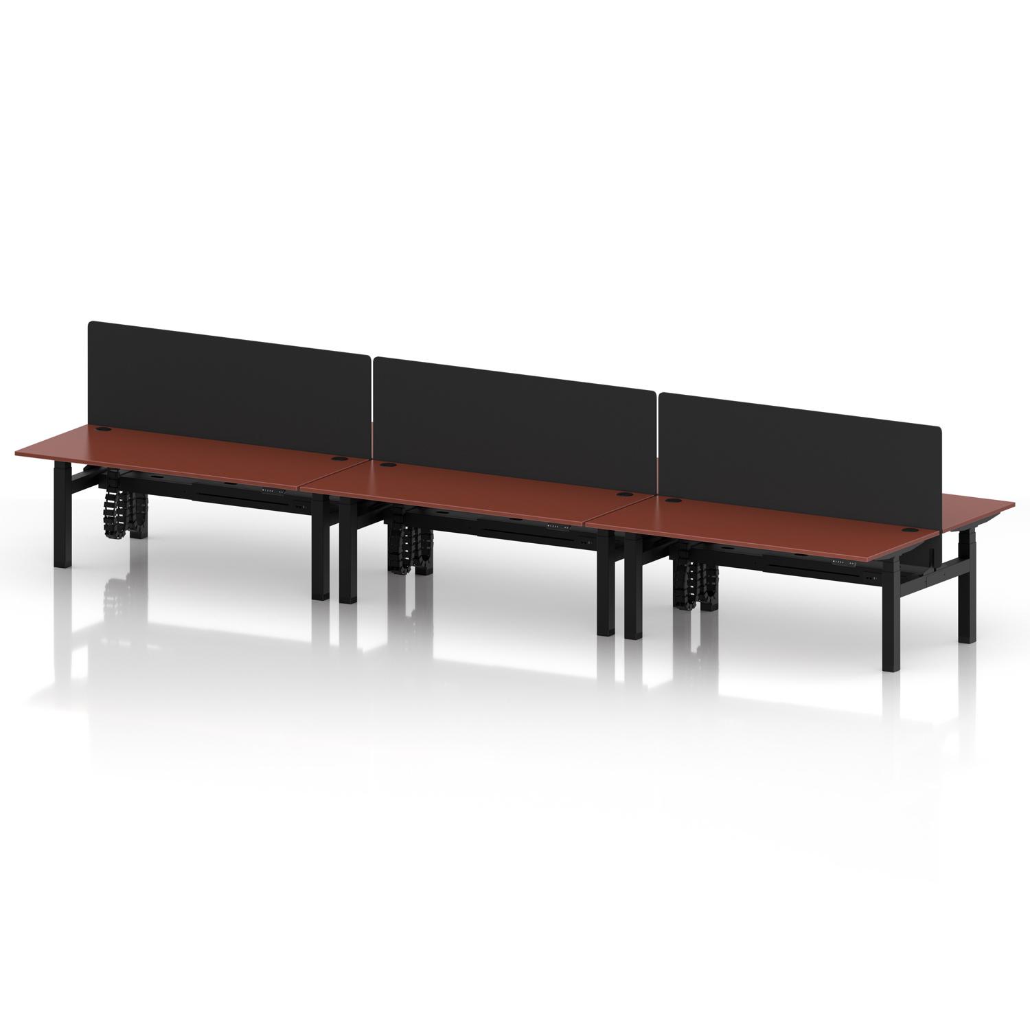 Air Back-to-Back 1800 x 800mm Height Adjustable 6 Person Office Bench Desk Brick Red Top with Cable Ports Black Frame with Black Straight Screen Air Back-to-Back 1800 x 800mm Height Adjustable 6 Person Office Bench Desk Brick Red Top with Cable Ports Black Frame with Black Straight Screen