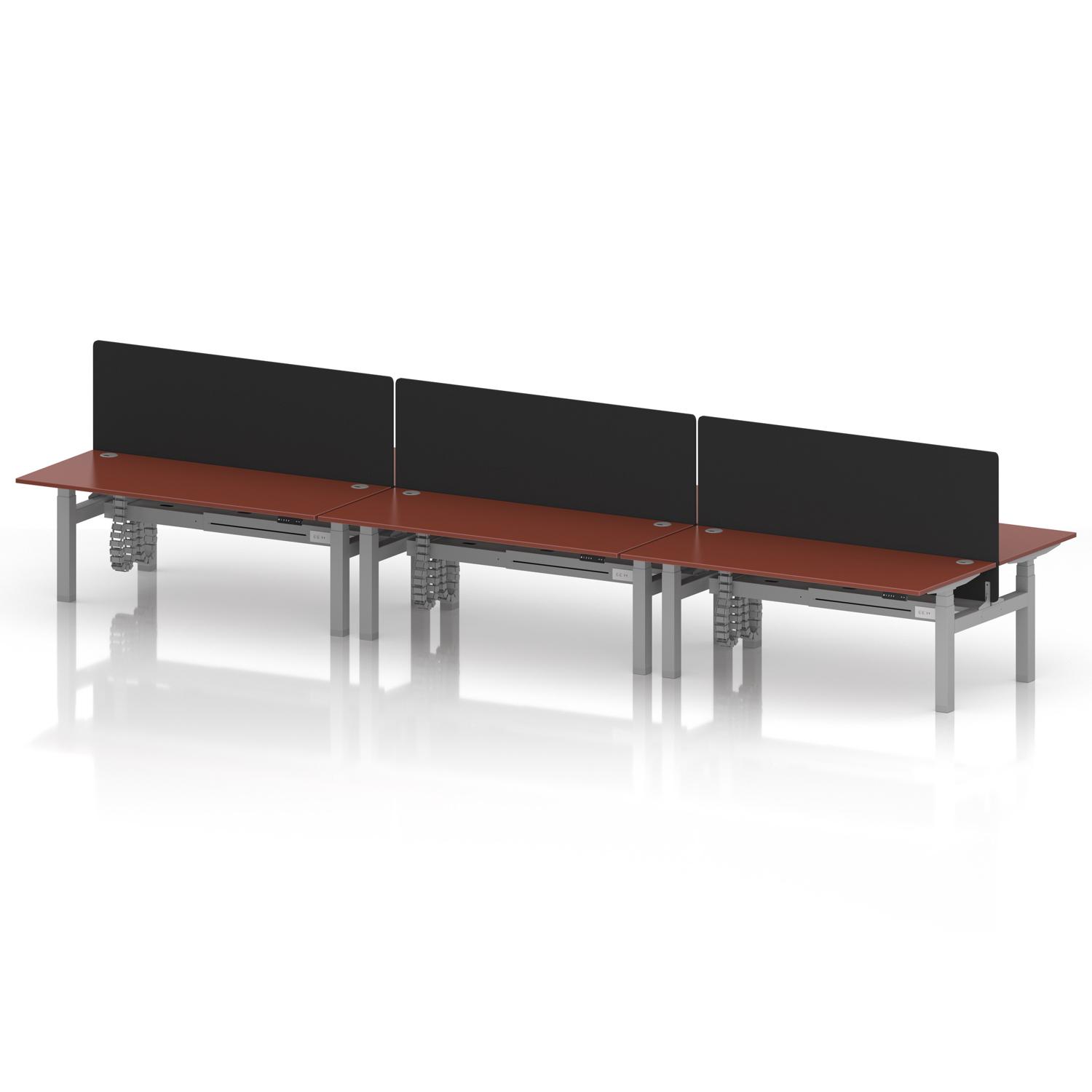 Air Back-to-Back 1800 x 800mm Height Adjustable 6 Person Office Bench Desk Brick Red Top with Cable Ports Silver Frame with Black Straight Screen