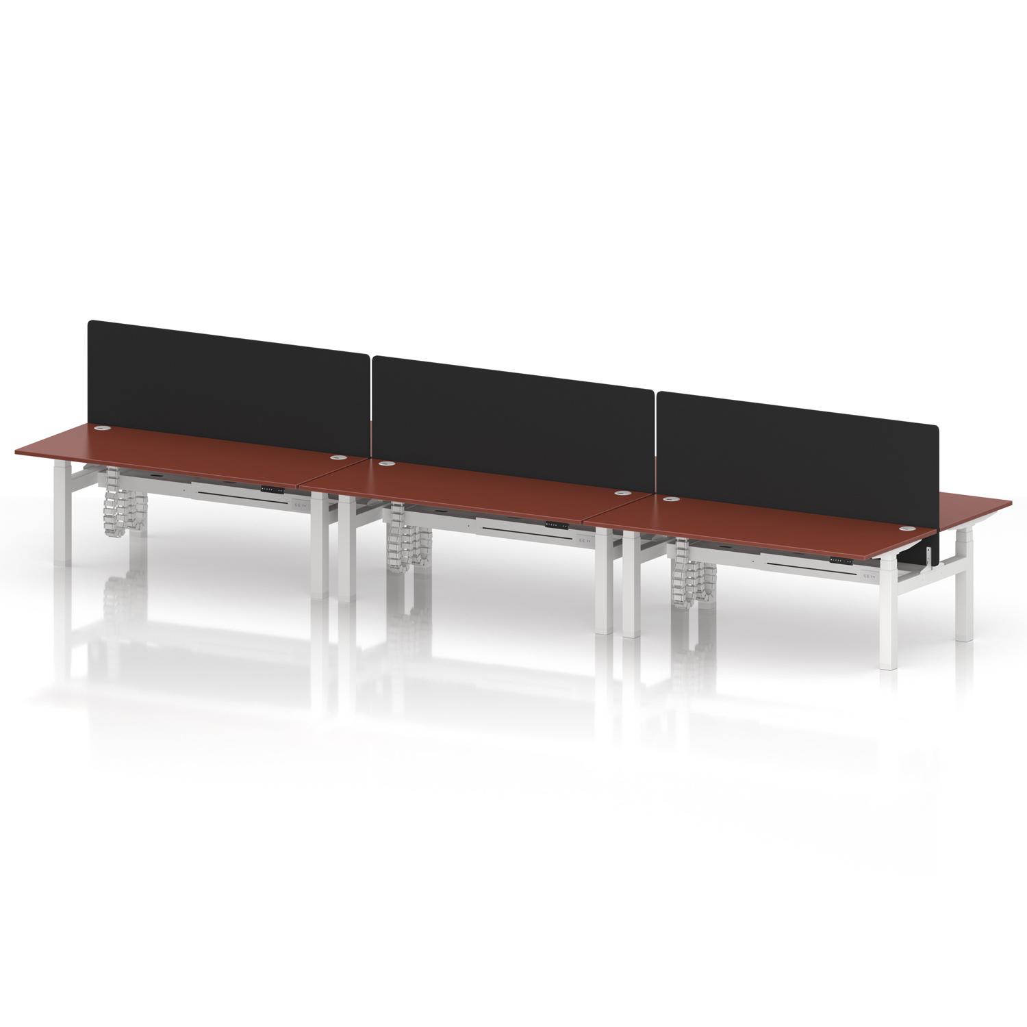 Air Back-to-Back 1800 x 800mm Height Adjustable 6 Person Office Bench Desk Brick Red Top with Cable Ports White Frame with Black Straight Screen