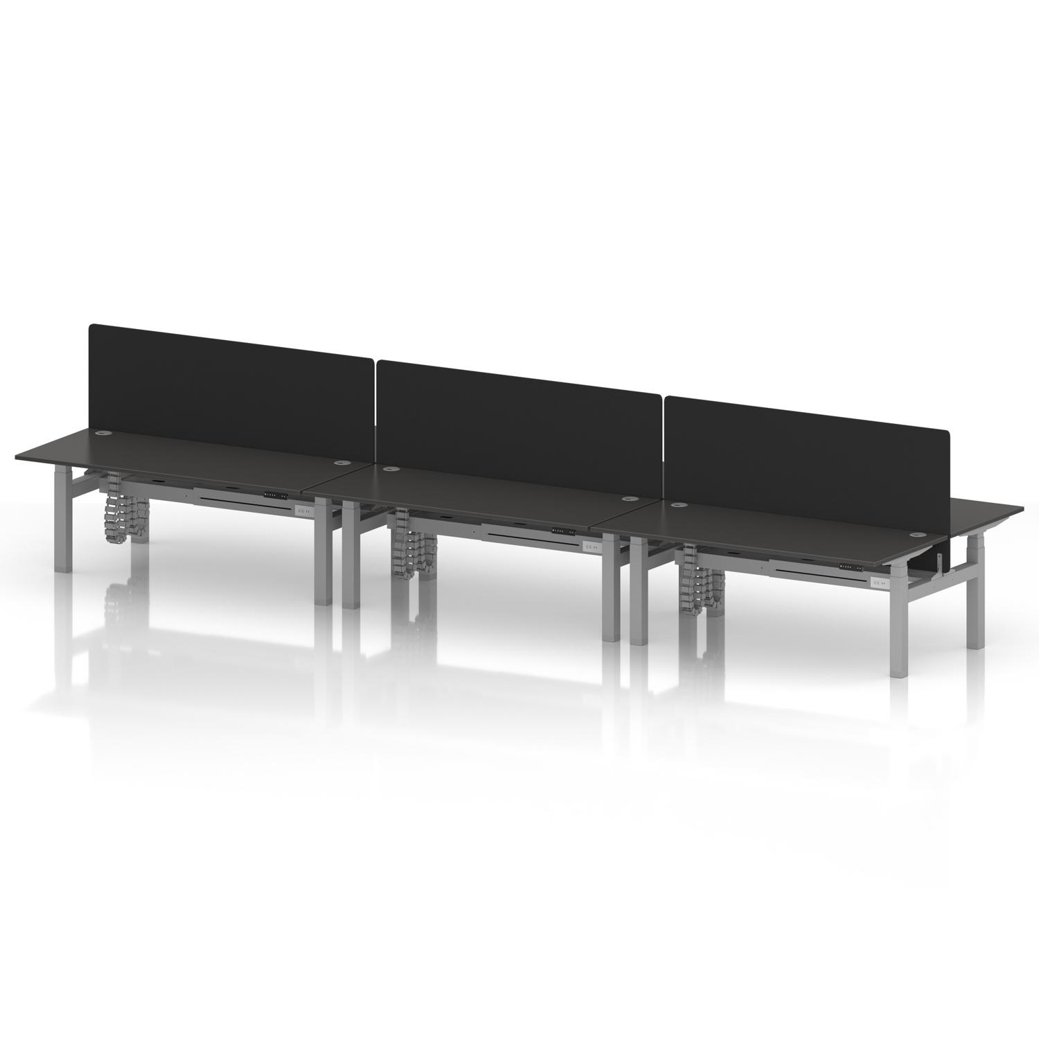 Air Back-to-Back 1800 x 800mm Height Adjustable 6 Person Office Bench Desk Carbon Grey Top with Cable Ports Silver Frame with Black Straight Screen Air Back-to-Back 1800 x 800mm Height Adjustable 6 Person Office Bench Desk Carbon Grey Top with Cable Ports Silver Frame with Black Straight Screen