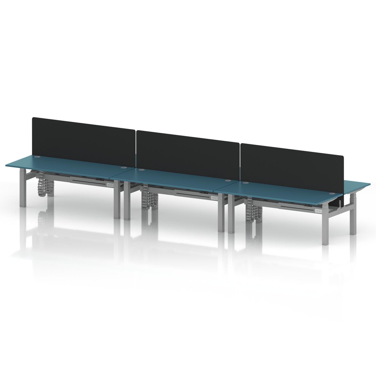 Air Back-to-Back 1800 x 800mm Height Adjustable 6 Person Office Bench Desk Dark Teal Top with Cable Ports Silver Frame with Black Straight Screen Air Back-to-Back 1800 x 800mm Height Adjustable 6 Person Office Bench Desk Dark Teal Top with Cable Ports Silver Frame with Black Straight Screen