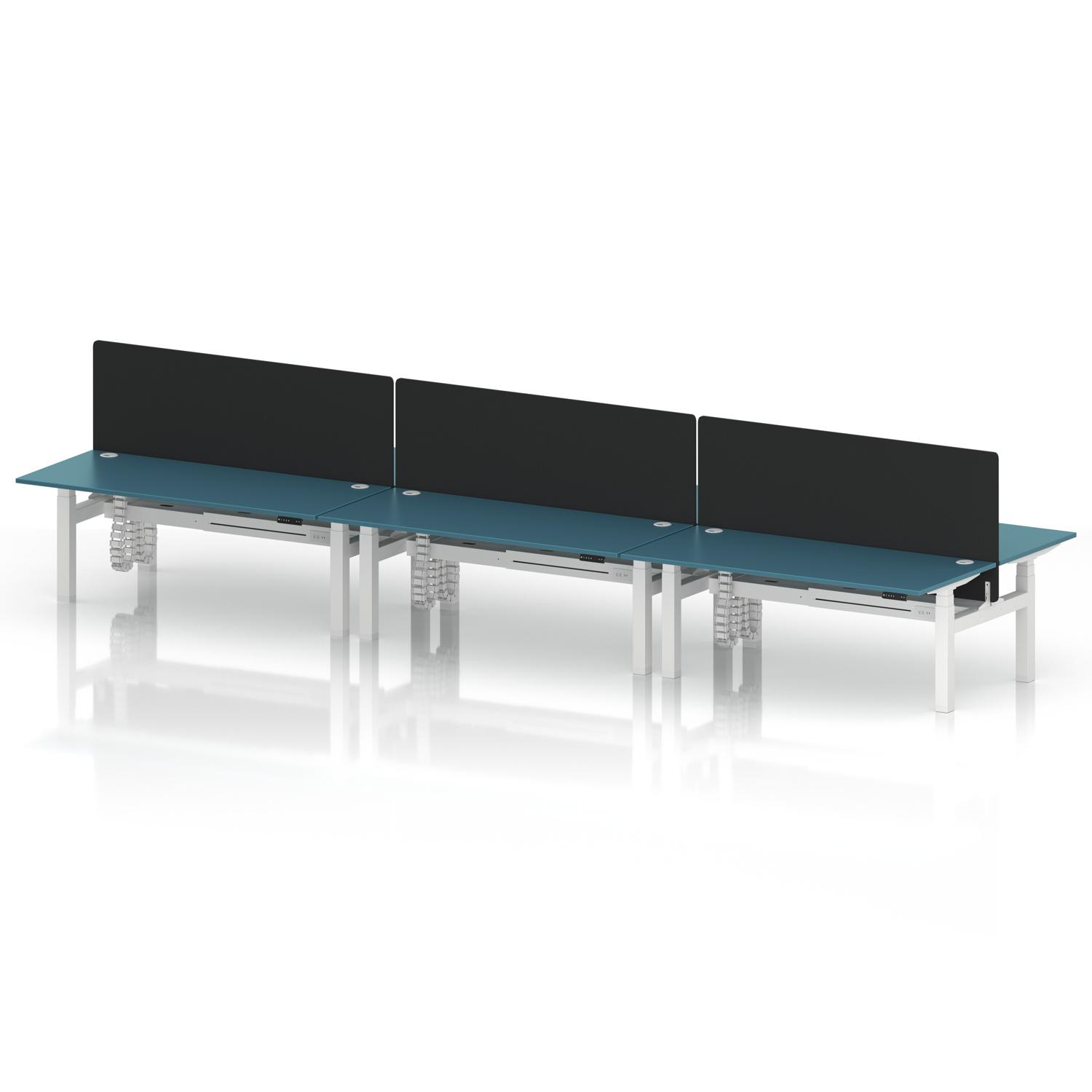 Air Back-to-Back 1800 x 800mm Height Adjustable 6 Person Office Bench Desk Dark Teal Top with Cable Ports White Frame with Black Straight Screen