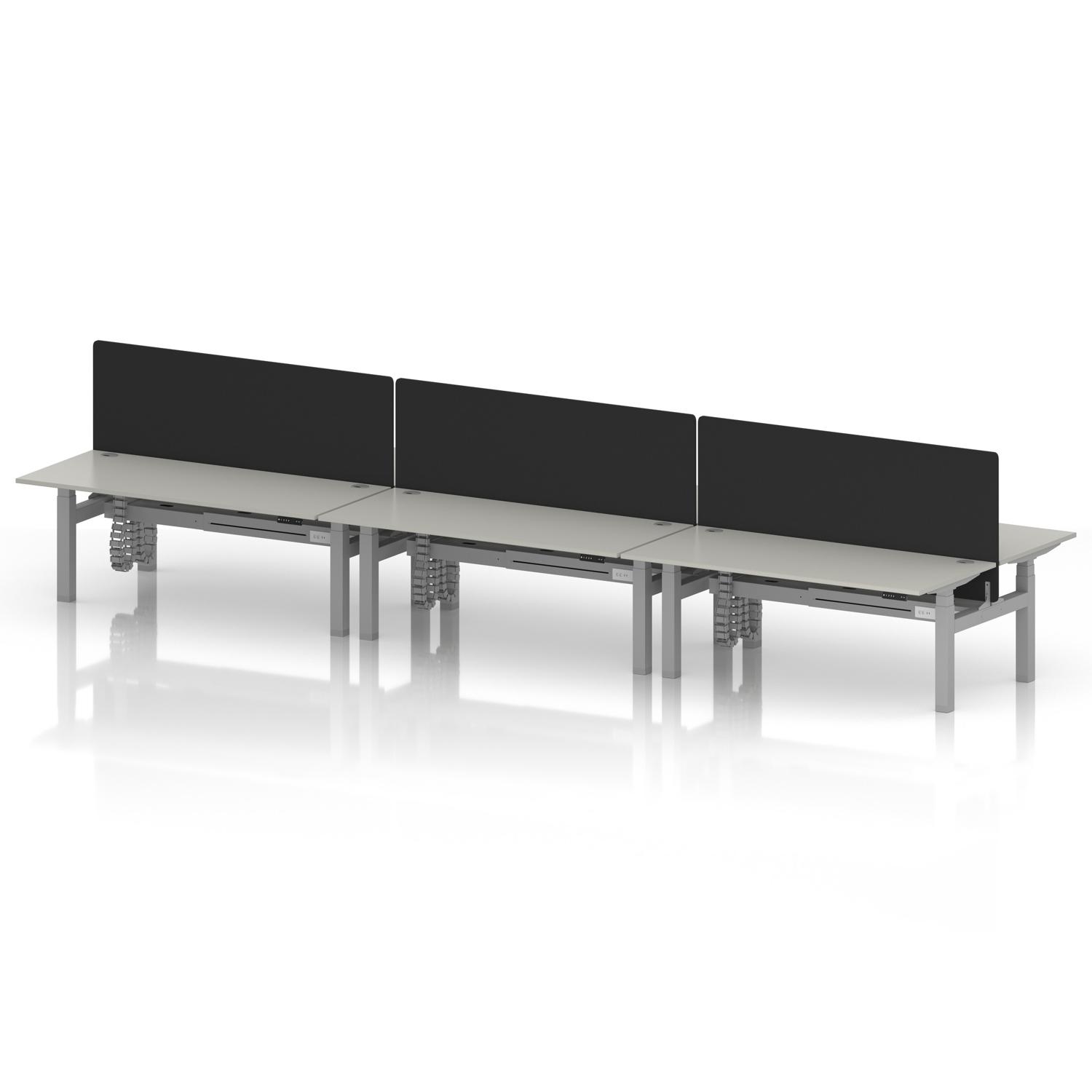 Air Back-to-Back 1800 x 800mm Height Adjustable 6 Person Office Bench Desk Dove Grey Top with Cable Ports Silver Frame with Black Straight Screen Air Back-to-Back 1800 x 800mm Height Adjustable 6 Person Office Bench Desk Dove Grey Top with Cable Ports Silver Frame with Black Straight Screen
