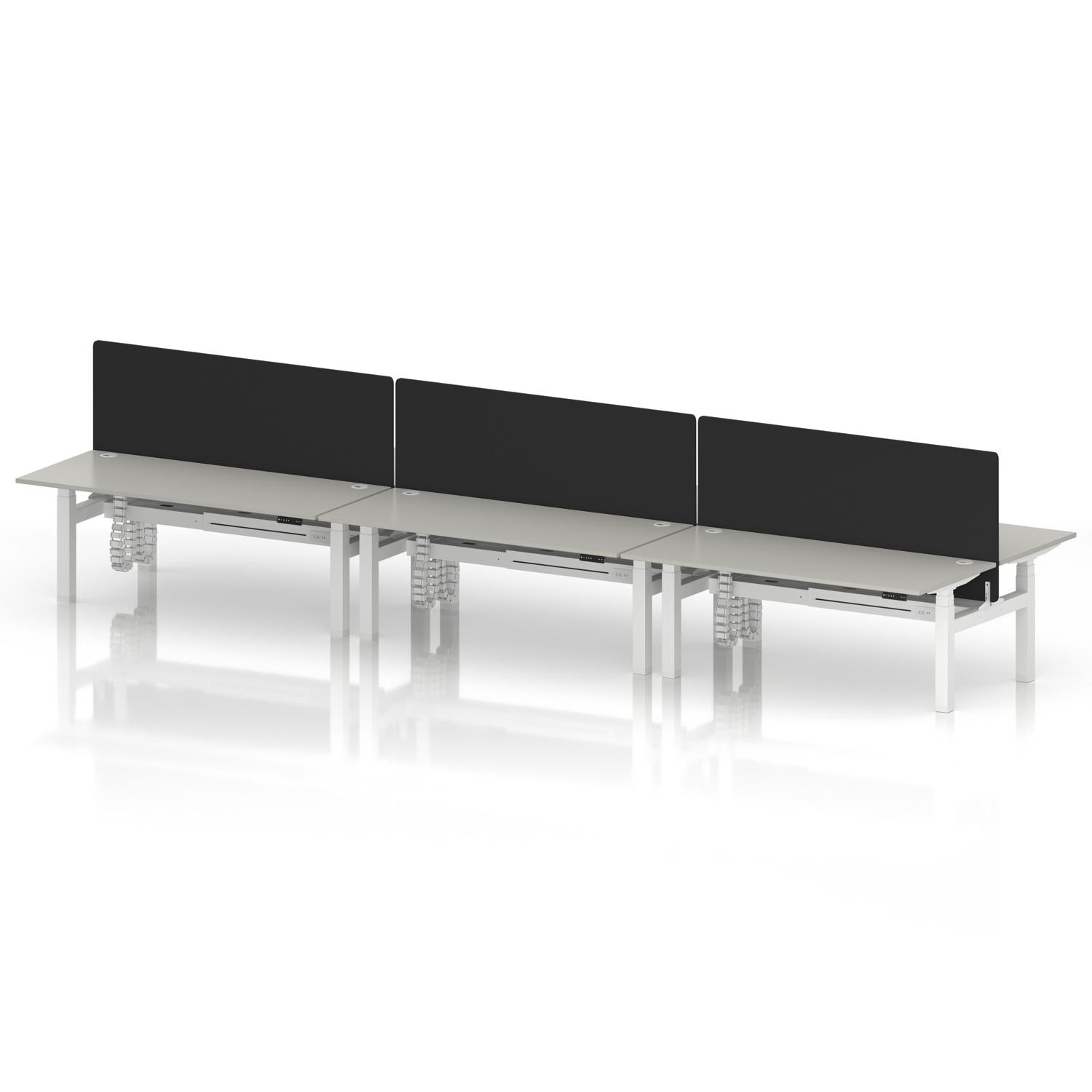 Air Back-to-Back 1800 x 800mm Height Adjustable 6 Person Office Bench Desk Dove Grey Top with Cable Ports White Frame with Black Straight Screen Air Back-to-Back 1800 x 800mm Height Adjustable 6 Person Office Bench Desk Dove Grey Top with Cable Ports White Frame with Black Straight Screen