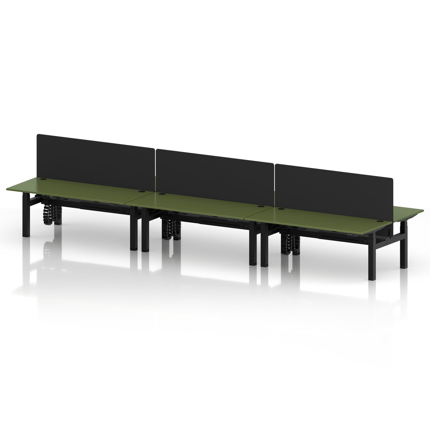 Air Back-to-Back 1800 x 800mm Height Adjustable 6 Person Office Bench Desk Moss Green Top with Cable Ports Black Frame with Black Straight Screen Air Back-to-Back 1800 x 800mm Height Adjustable 6 Person Office Bench Desk Moss Green Top with Cable Ports Black Frame with Black Straight Screen