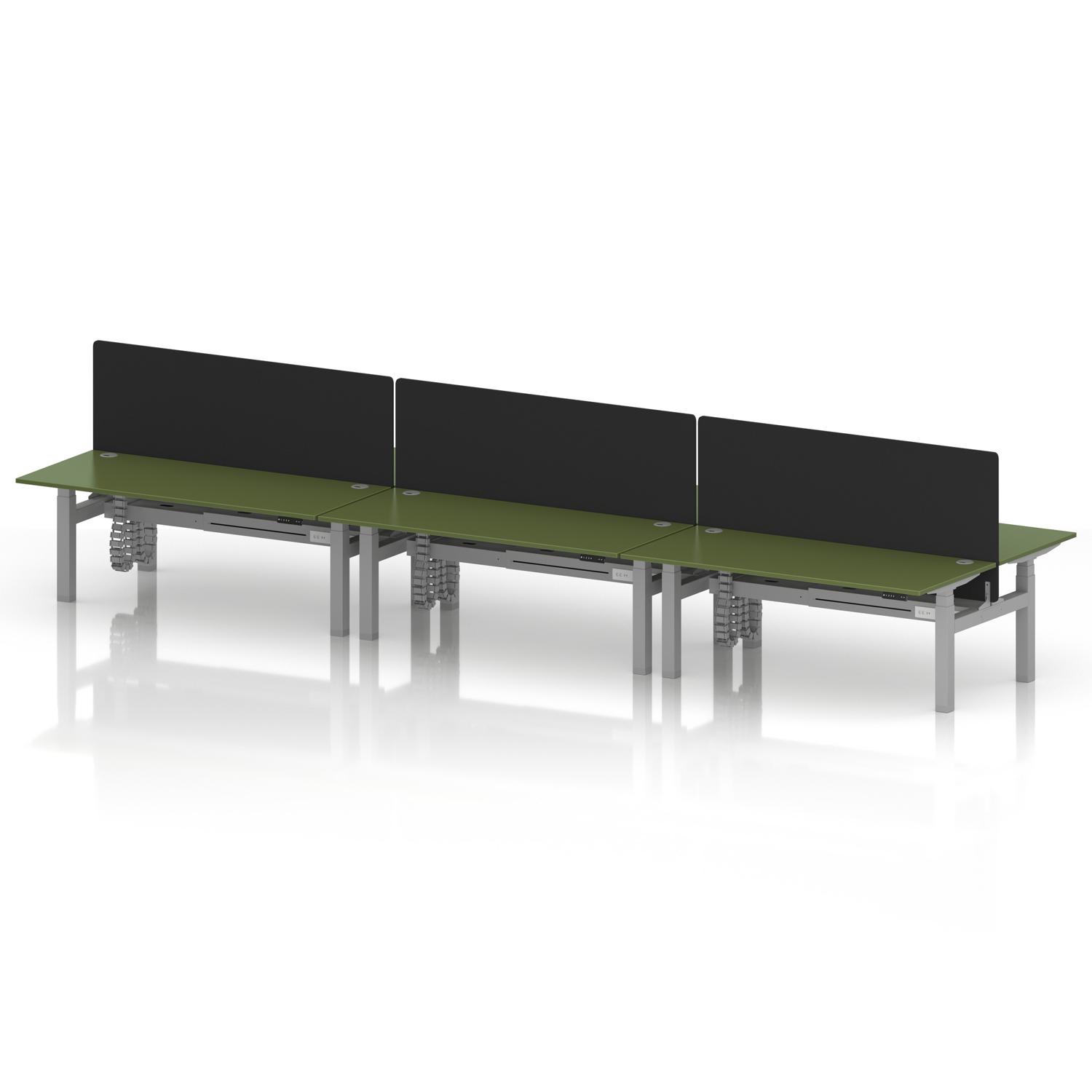 Air Back-to-Back 1800 x 800mm Height Adjustable 6 Person Office Bench Desk Moss Green Top with Cable Ports Silver Frame with Black Straight Screen