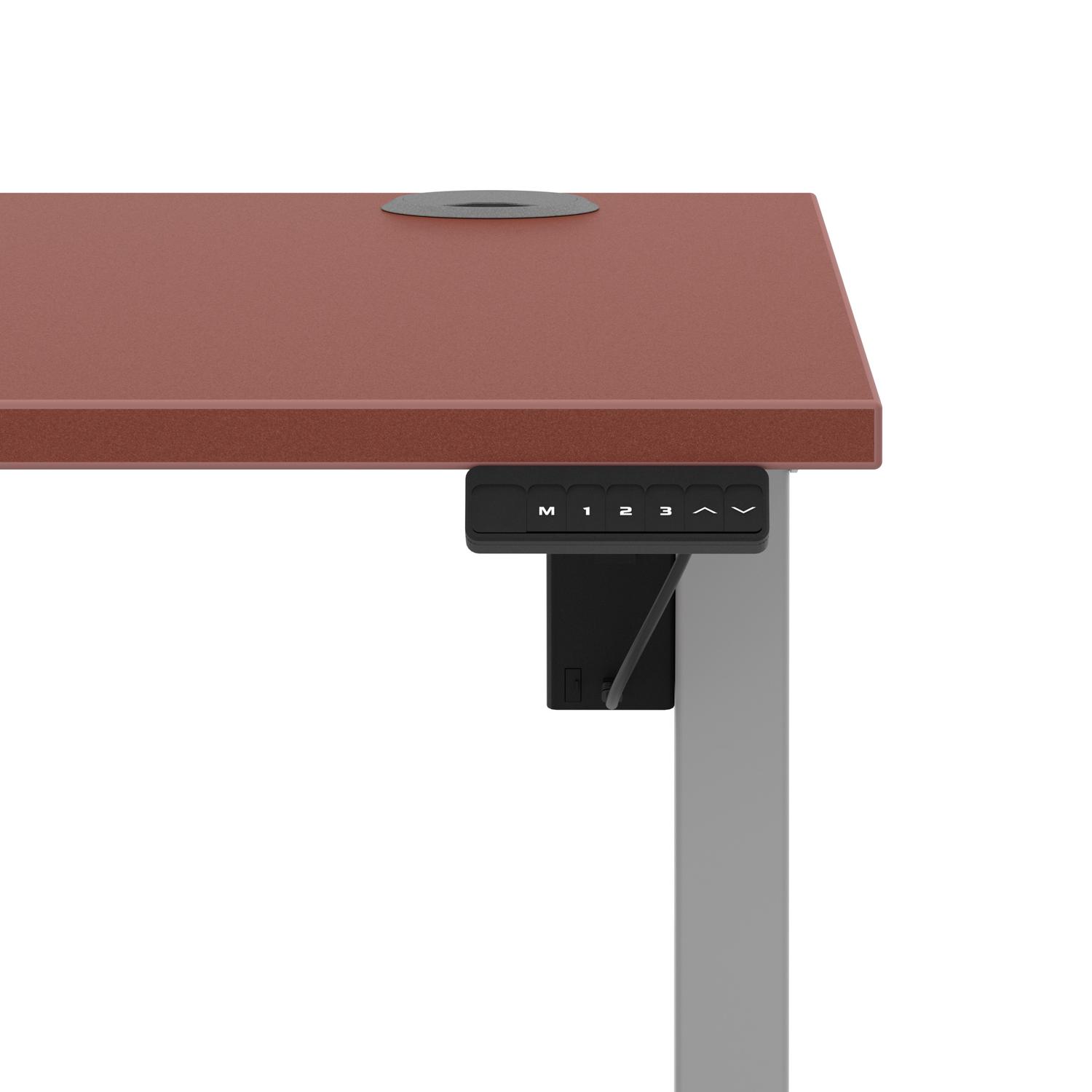 Air Lite 1400 x 800mm Height Adjustable Office Desk Brick Red Top Cable Ports Silver Leg