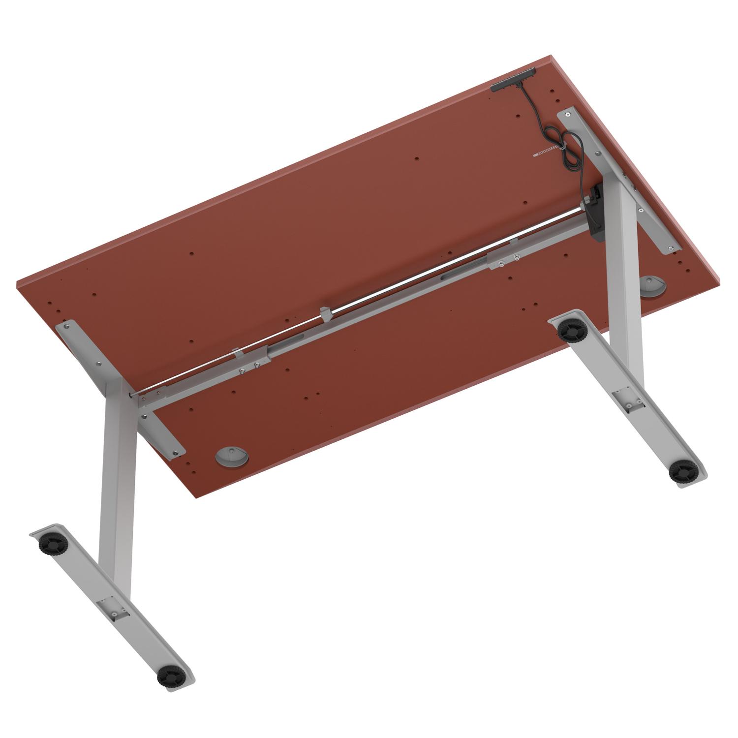 Air Lite 1400 x 800mm Height Adjustable Office Desk Brick Red Top Cable Ports Silver Leg