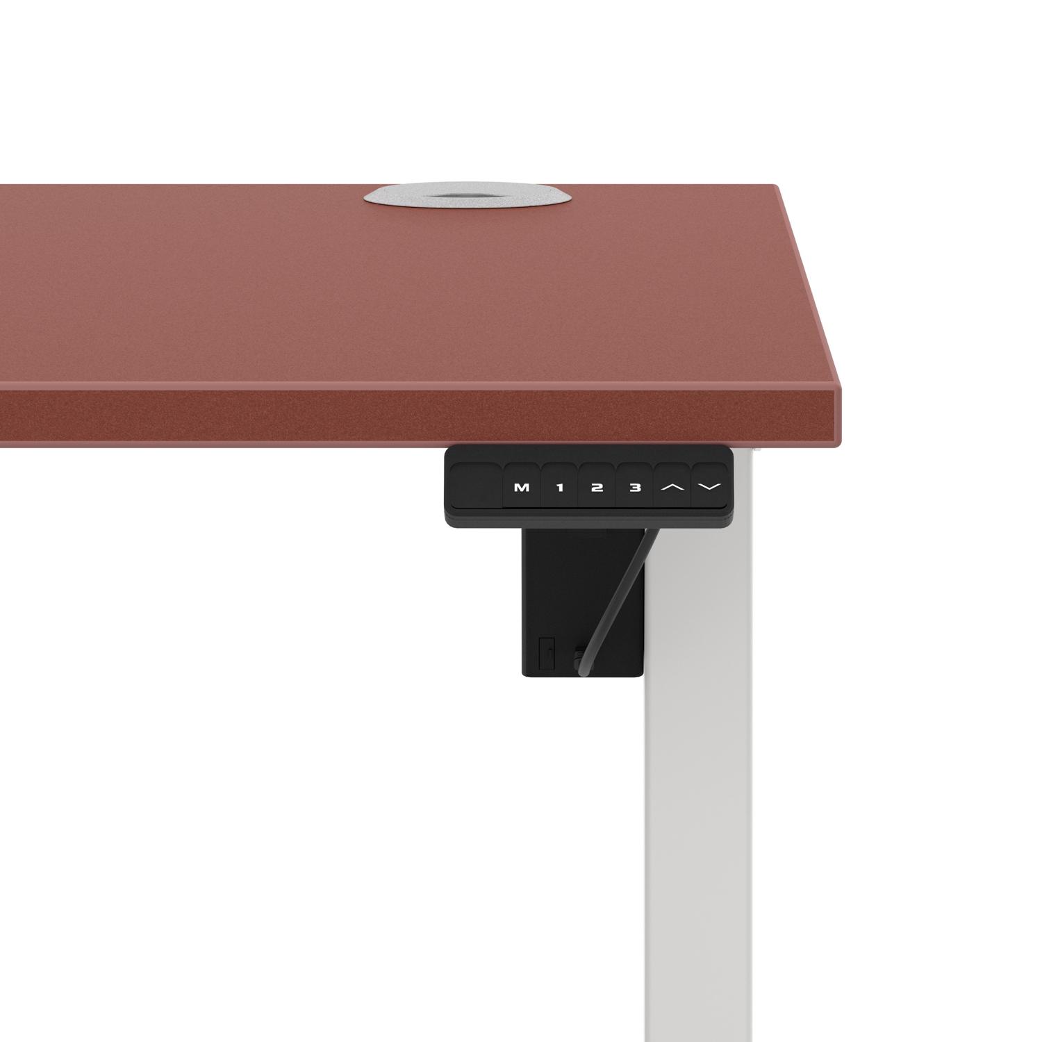 Air Lite 1400 x 800mm Height Adjustable Office Desk Brick Red Top Cable Ports White Leg Air Lite 1400 x 800mm Height Adjustable Office Desk Brick Red Top Cable Ports White Leg