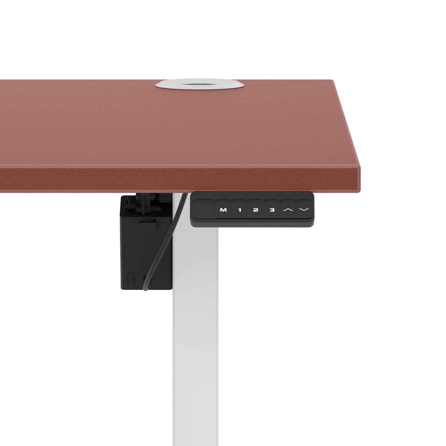 Air Lite 1600 x 800mm Height Adjustable Office Desk Brick Red Top Cable Ports White Leg Air Lite 1600 x 800mm Height Adjustable Office Desk Brick Red Top Cable Ports White Leg
