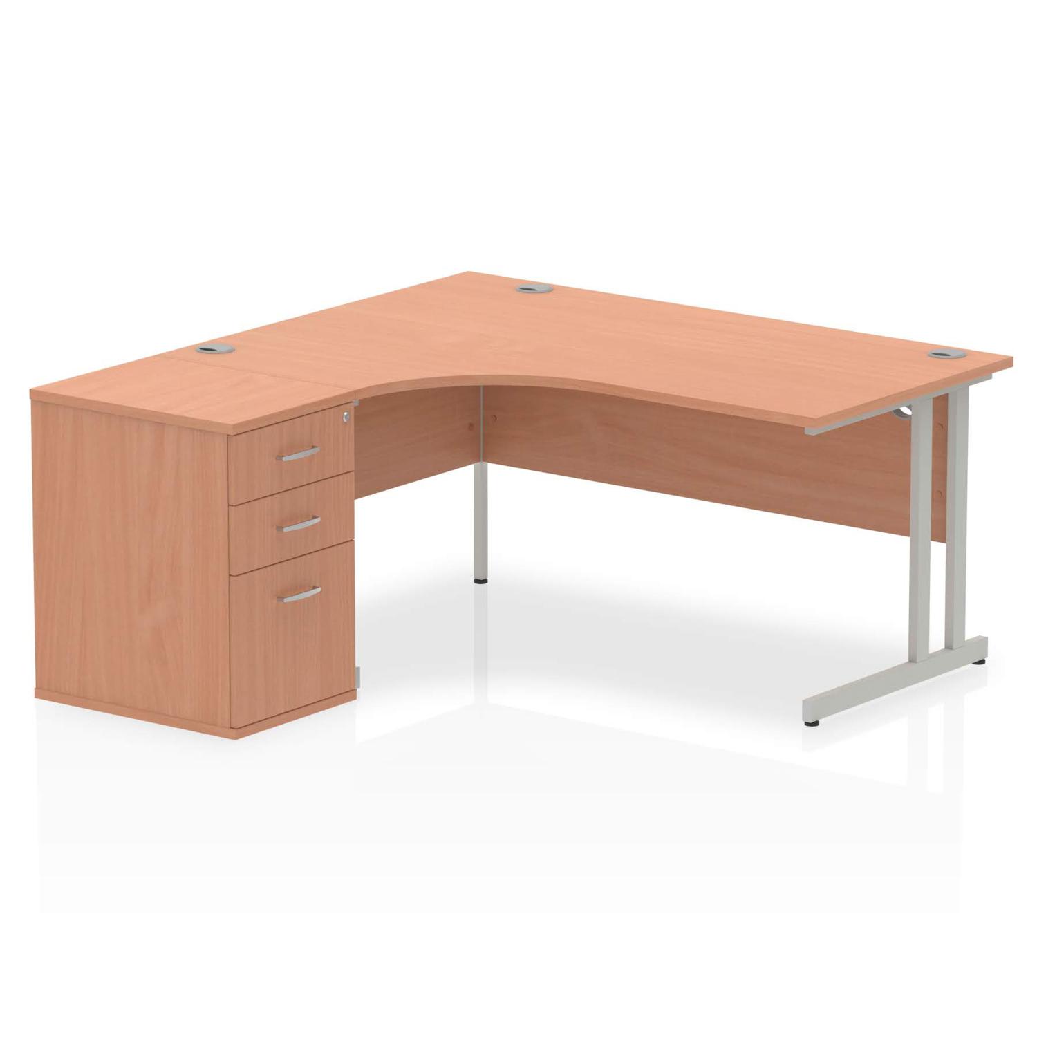 Impulse 1600mm Left Crescent Office Desk Beech Top Silver Cantilever Leg Workstation 600 Deep Desk High Pedestal