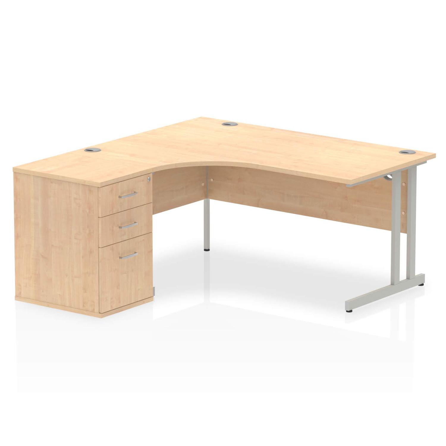 Impulse 1600mm Left Crescent Office Desk Maple Top Silver Cantilever Leg Workstation 600 Deep Desk High Pedestal