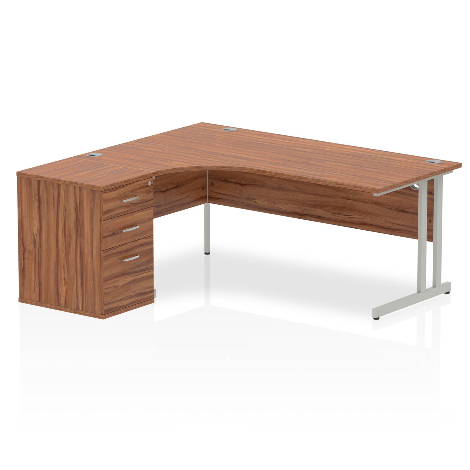 Impulse 1800mm Left Crescent Office Desk Walnut Top Silver Cantilever Leg Workstation 600 Deep Desk High Pedestal
