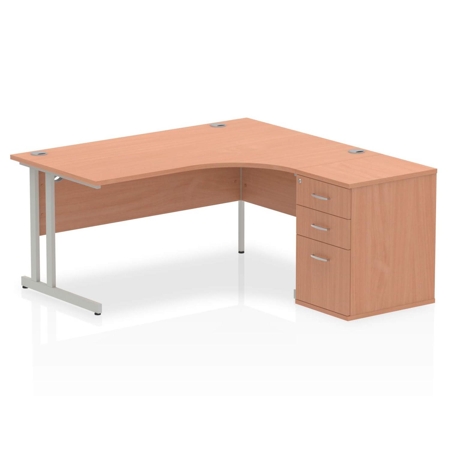 Impulse 1600mm Right Crescent Office Desk Beech Top Silver Cantilever Leg Workstation 600 Deep Desk High Pedestal
