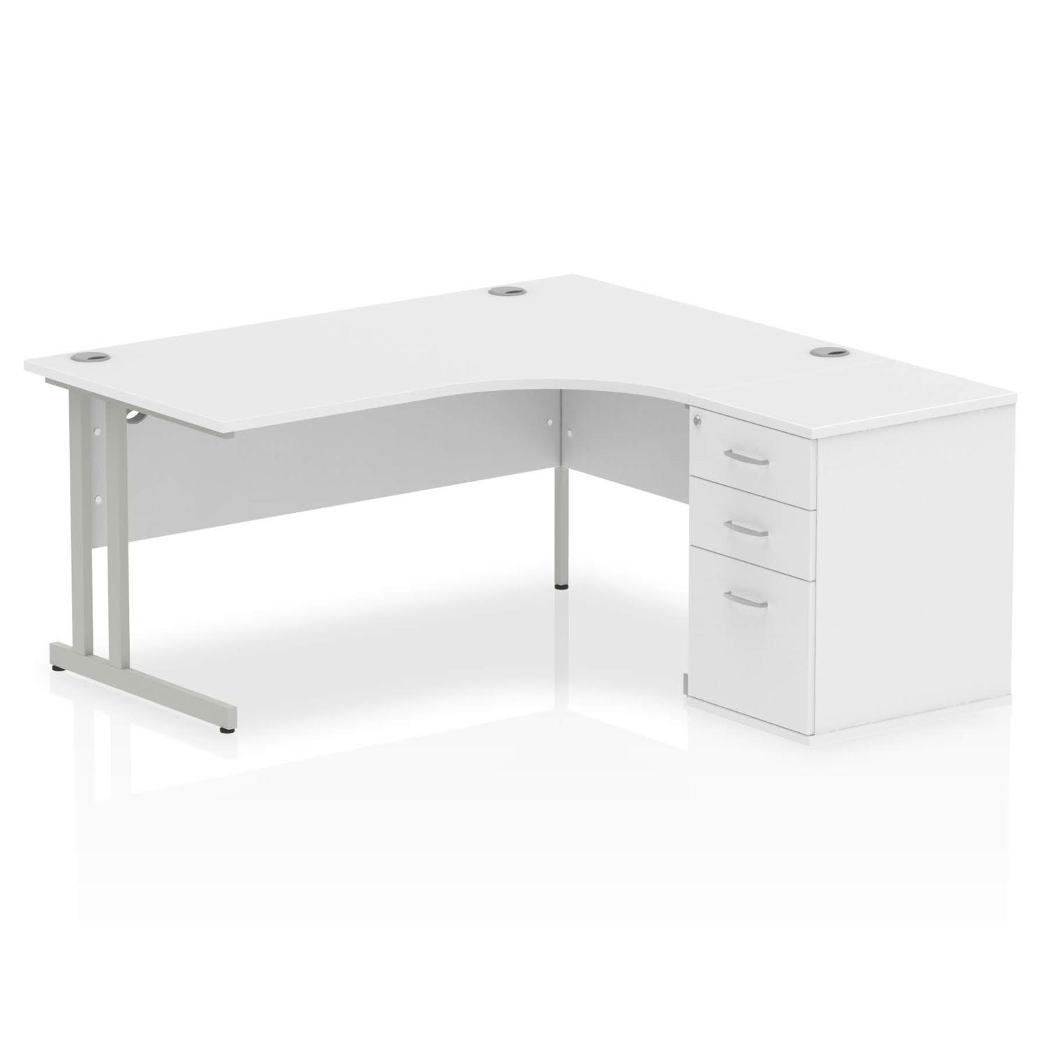 Impulse 1600mm Right Crescent Office Desk White Top Silver Cantilever Leg Workstation 600 Deep Desk High Pedestal