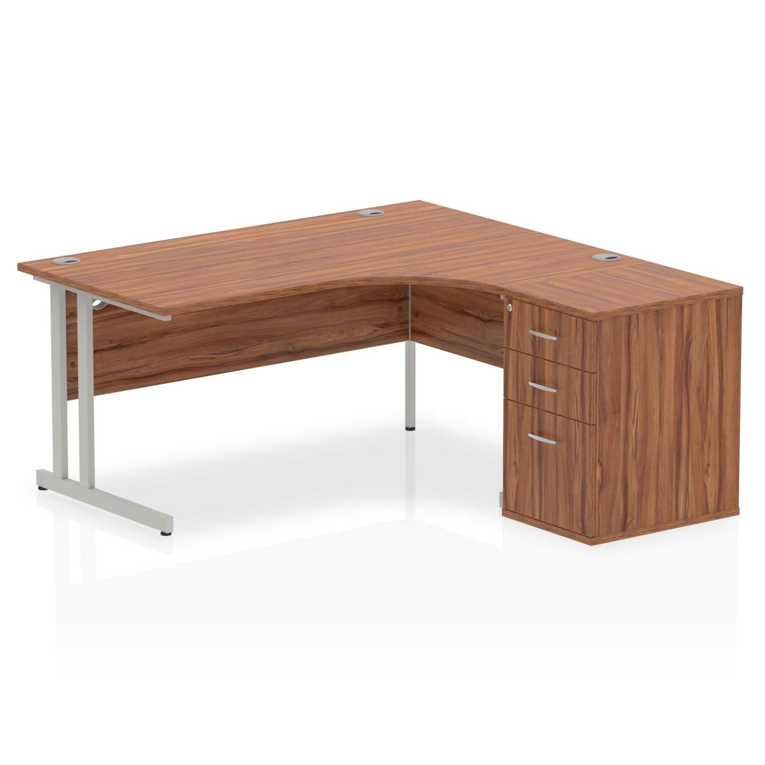 Impulse 1600mm Right Crescent Office Desk Walnut Top Silver Cantilever Leg Workstation 600 Deep Desk High Pedestal