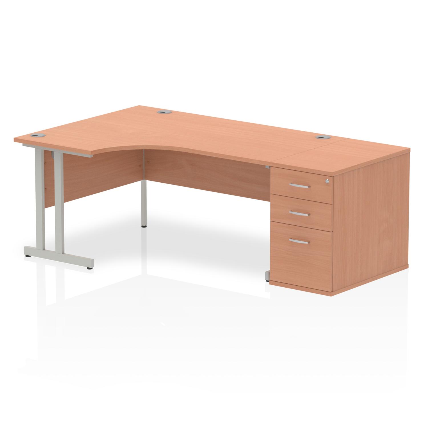 Impulse 1600mm Left Crescent Office Desk Beech Top Silver Cantilever Leg Workstation 800 Deep Desk High Pedestal
