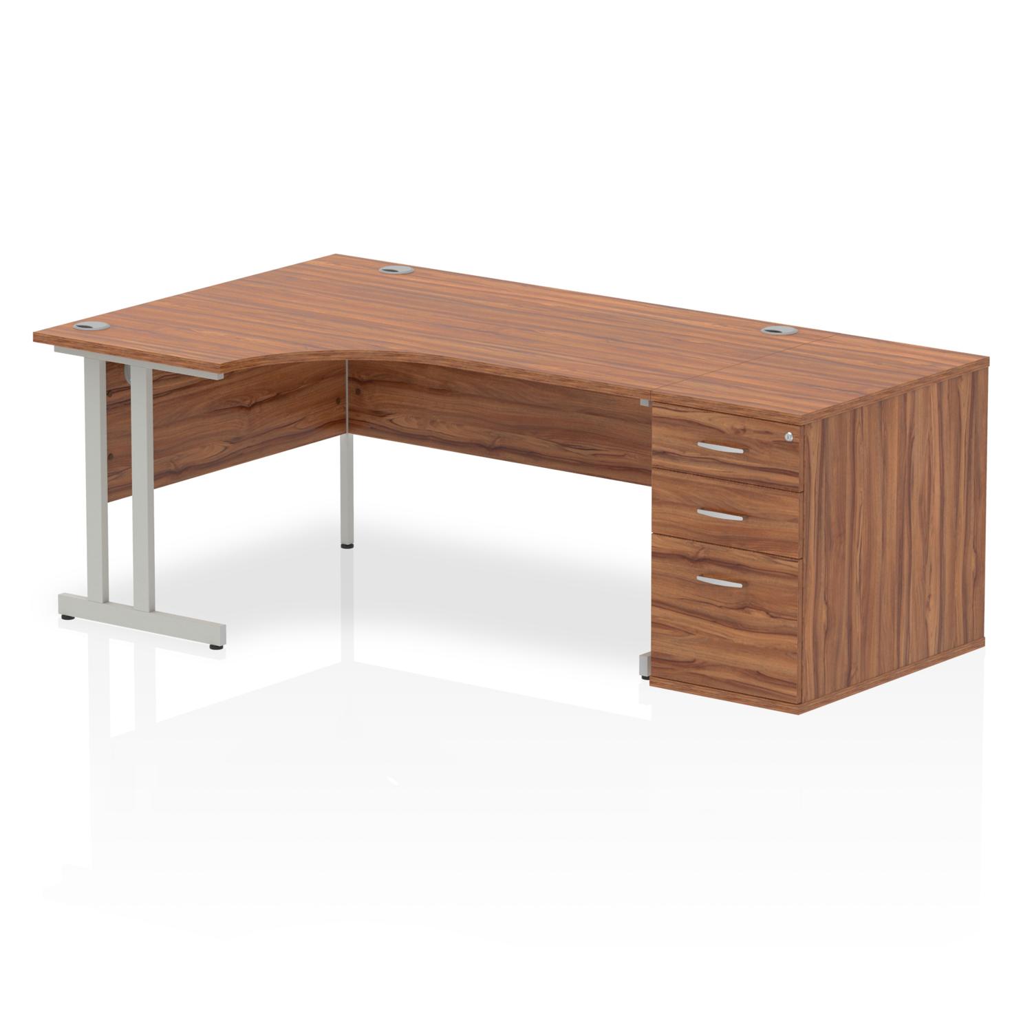Impulse 1600mm Left Crescent Office Desk Walnut Top Silver Cantilever Leg Workstation 800 Deep Desk High Pedestal
