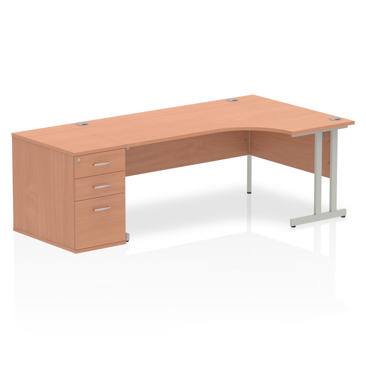 Impulse 1800mm Right Crescent Office Desk Beech Top Silver Cantilever Leg Workstation 800 Deep Desk High Pedestal