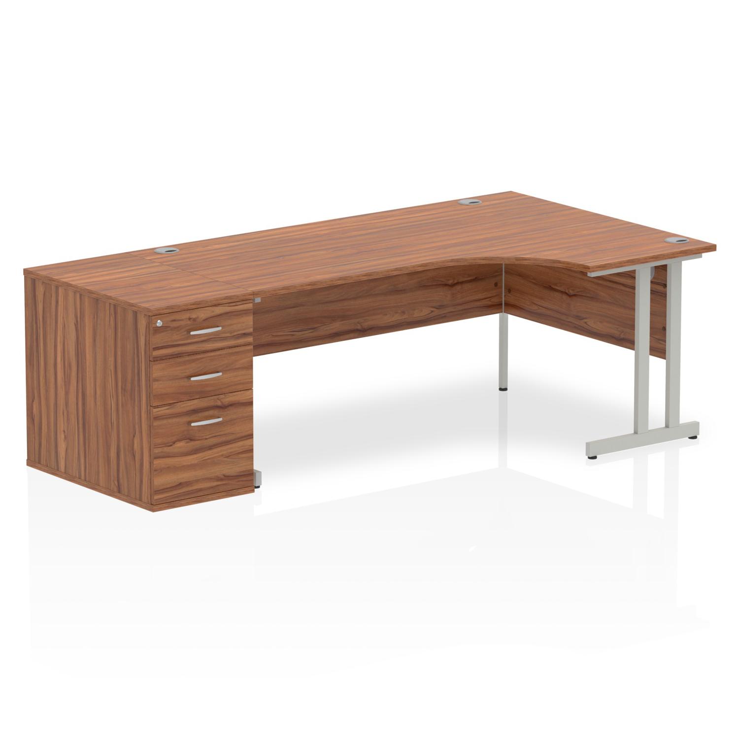 Impulse 1800mm Right Crescent Office Desk Walnut Top Silver Cantilever Leg Workstation 800 Deep Desk High Pedestal