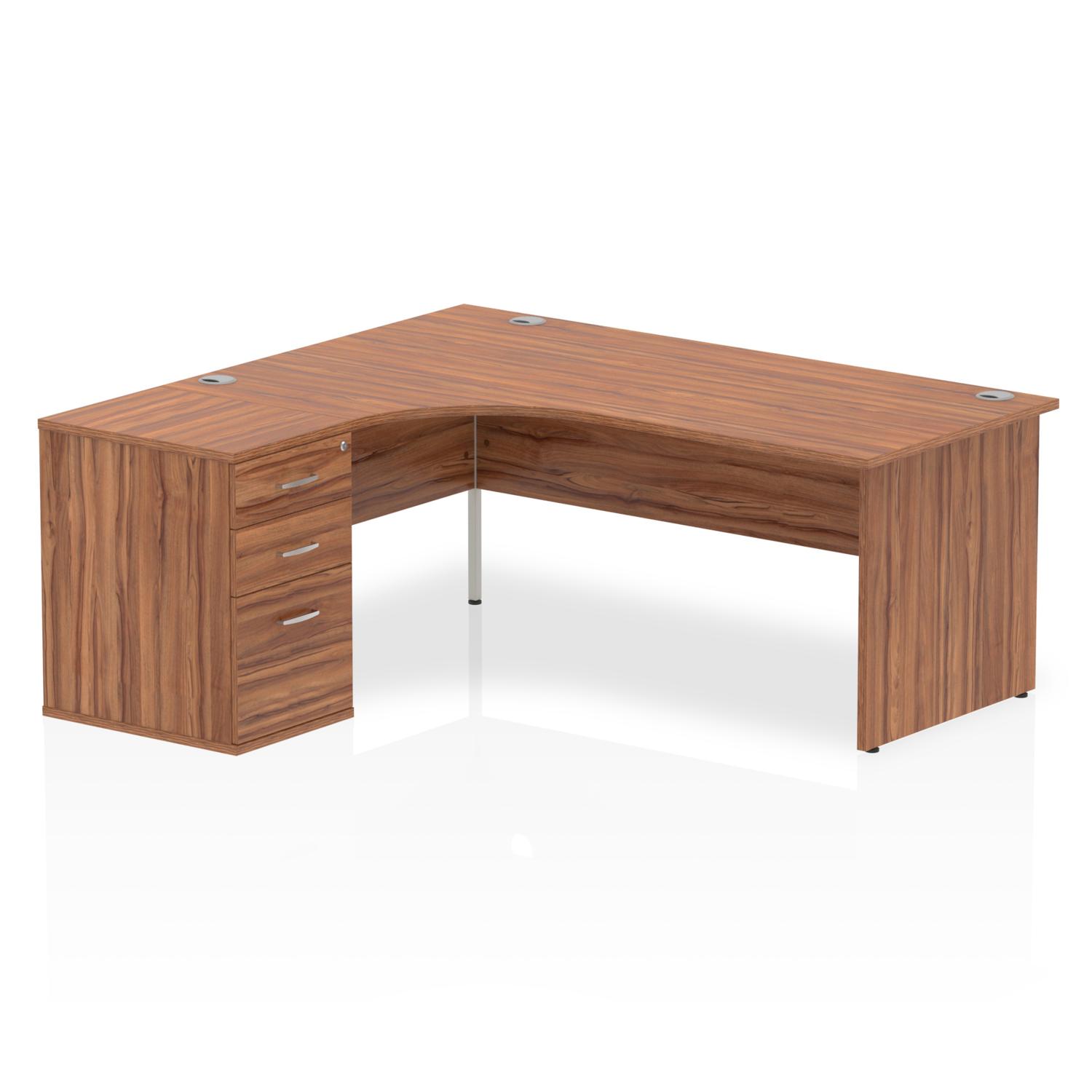 Impulse 1800mm Left Crescent Office Desk Walnut Top Panel End Leg Workstation 600 Deep Desk High Pedestal