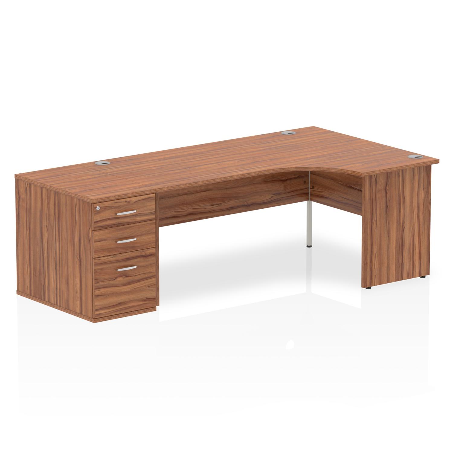 Impulse 1800mm Right Crescent Office Desk Walnut Top Panel End Leg Workstation 800 Deep Desk High Pedestal