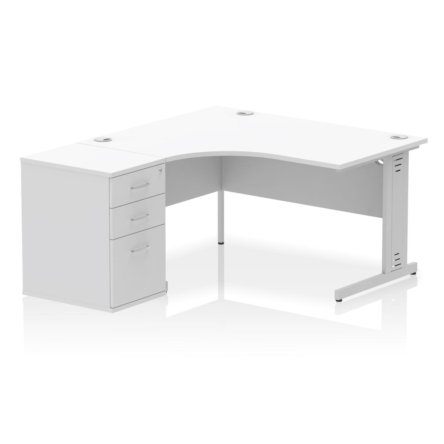 Impulse 1400mm Left Crescent Office Desk White Top Silver Cable Managed Leg Workstation 600 Deep Desk High Pedestal