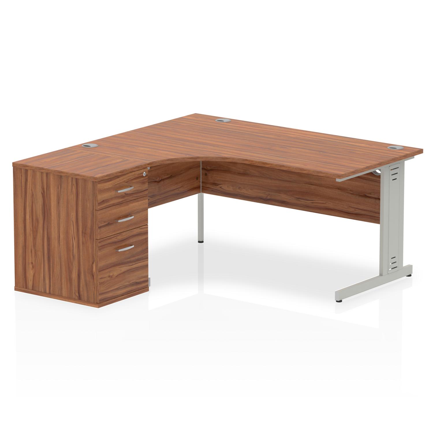 Impulse 1600mm Left Crescent Office Desk Walnut Top Silver Cable Managed Leg Workstation 600 Deep Desk High Pedestal