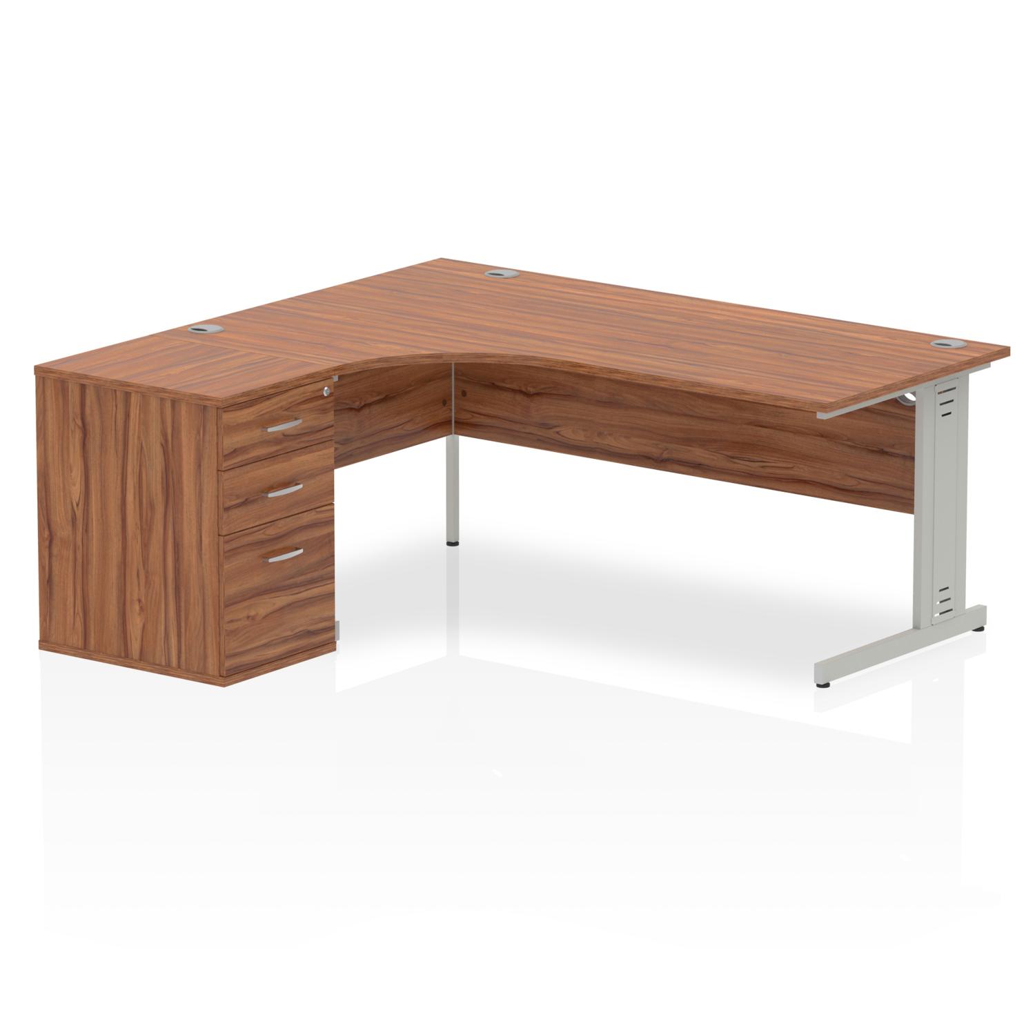 Impulse 1800mm Left Crescent Office Desk Walnut Top Silver Cable Managed Leg Workstation 600 Deep Desk High Pedestal