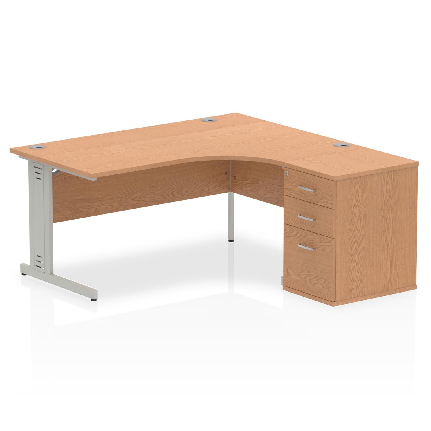 Impulse 1600mm Right Crescent Office Desk Oak Top Silver Cable Managed Leg Workstation 600 Deep Desk High Pedestal