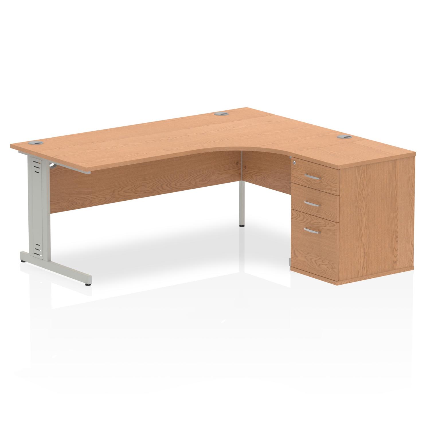 Impulse 1800mm Right Crescent Office Desk Oak Top Silver Cable Managed Leg Workstation 600 Deep Desk High Pedestal