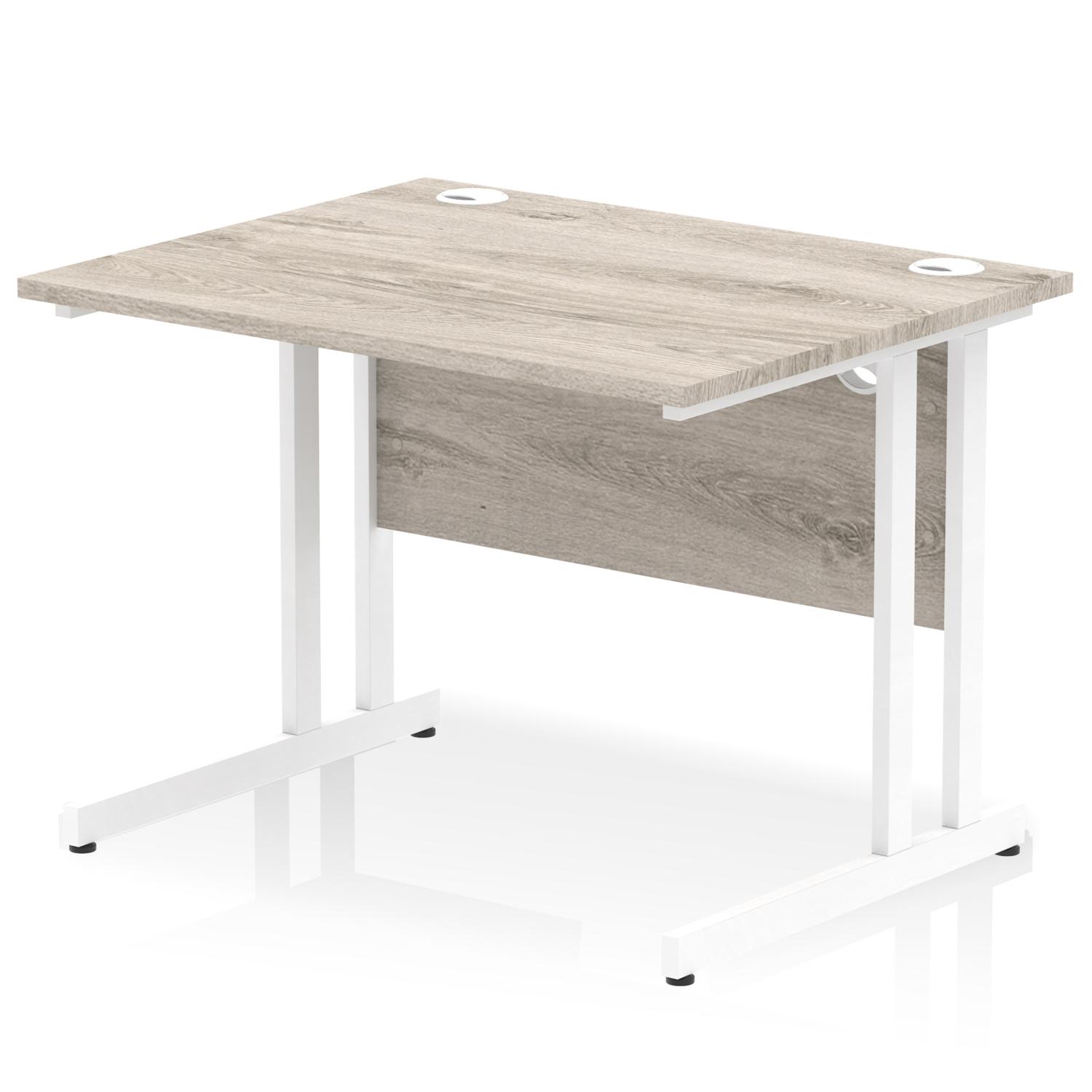 Impulse 1000 x 800mm Straight Office Desk Grey Oak Top White Cantilever Leg