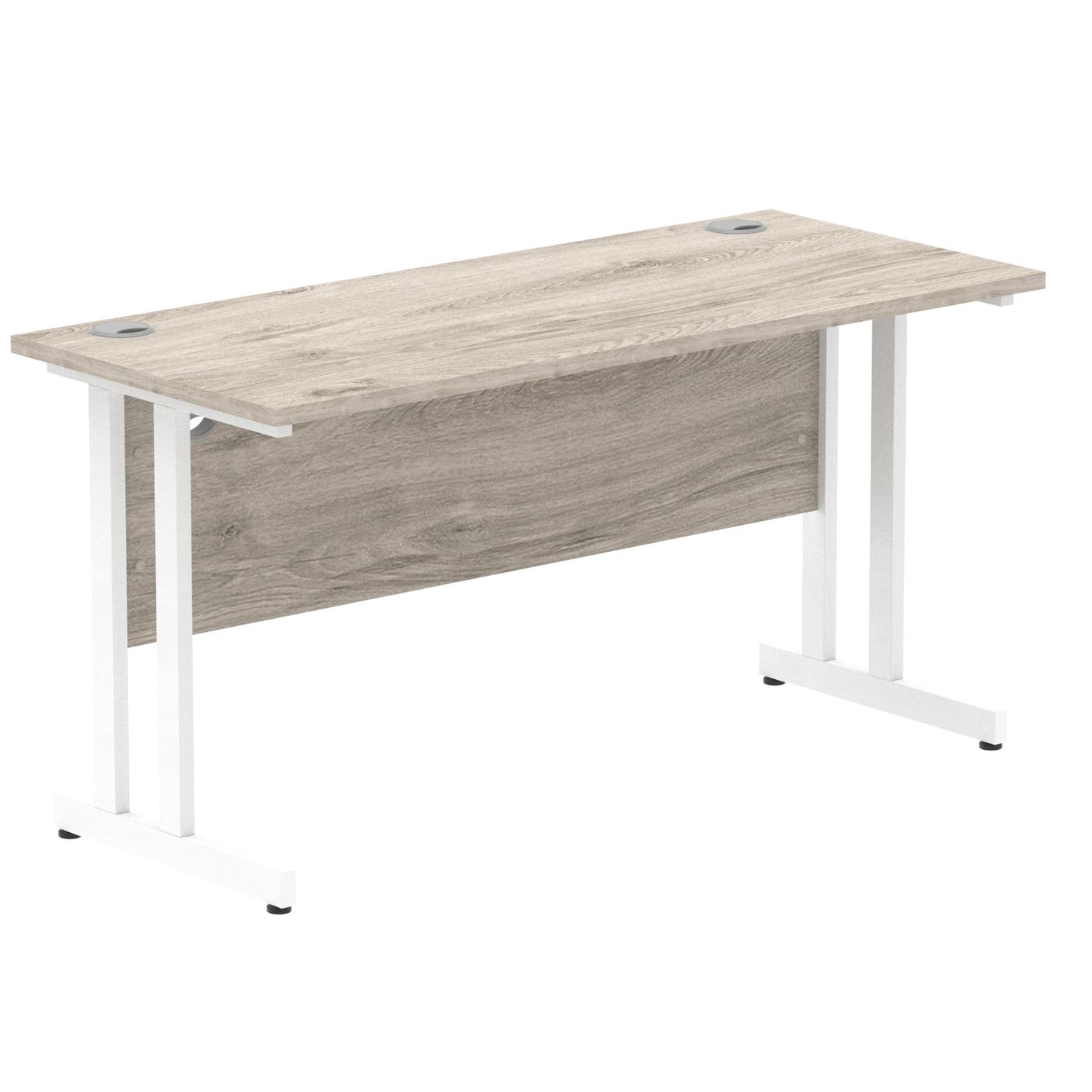 Impulse 1400 x 600mm Straight Office Desk Grey Oak Top White Cantilever Leg