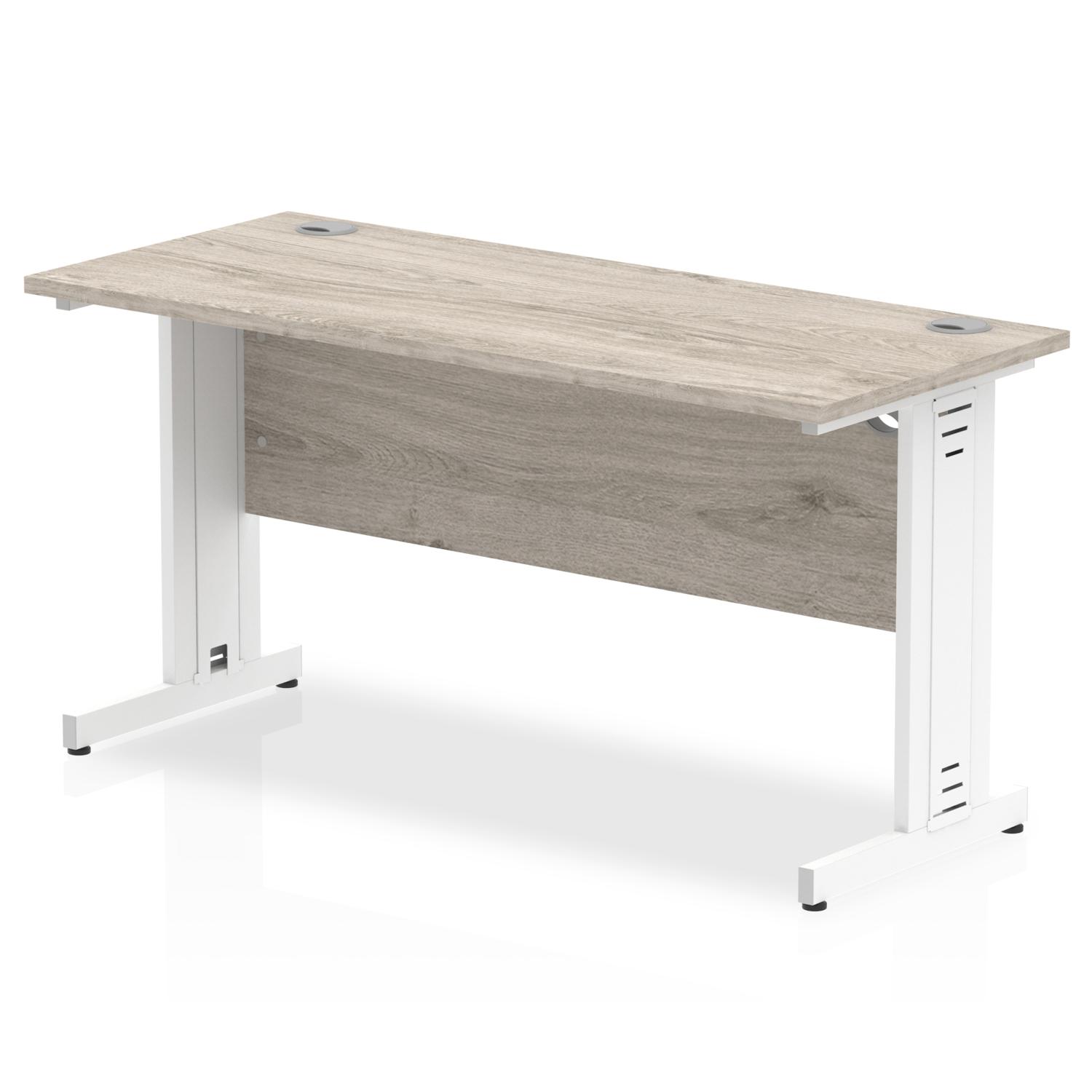 Impulse 1400 x 600mm Straight Office Desk Grey Oak Top White Cable Managed Leg