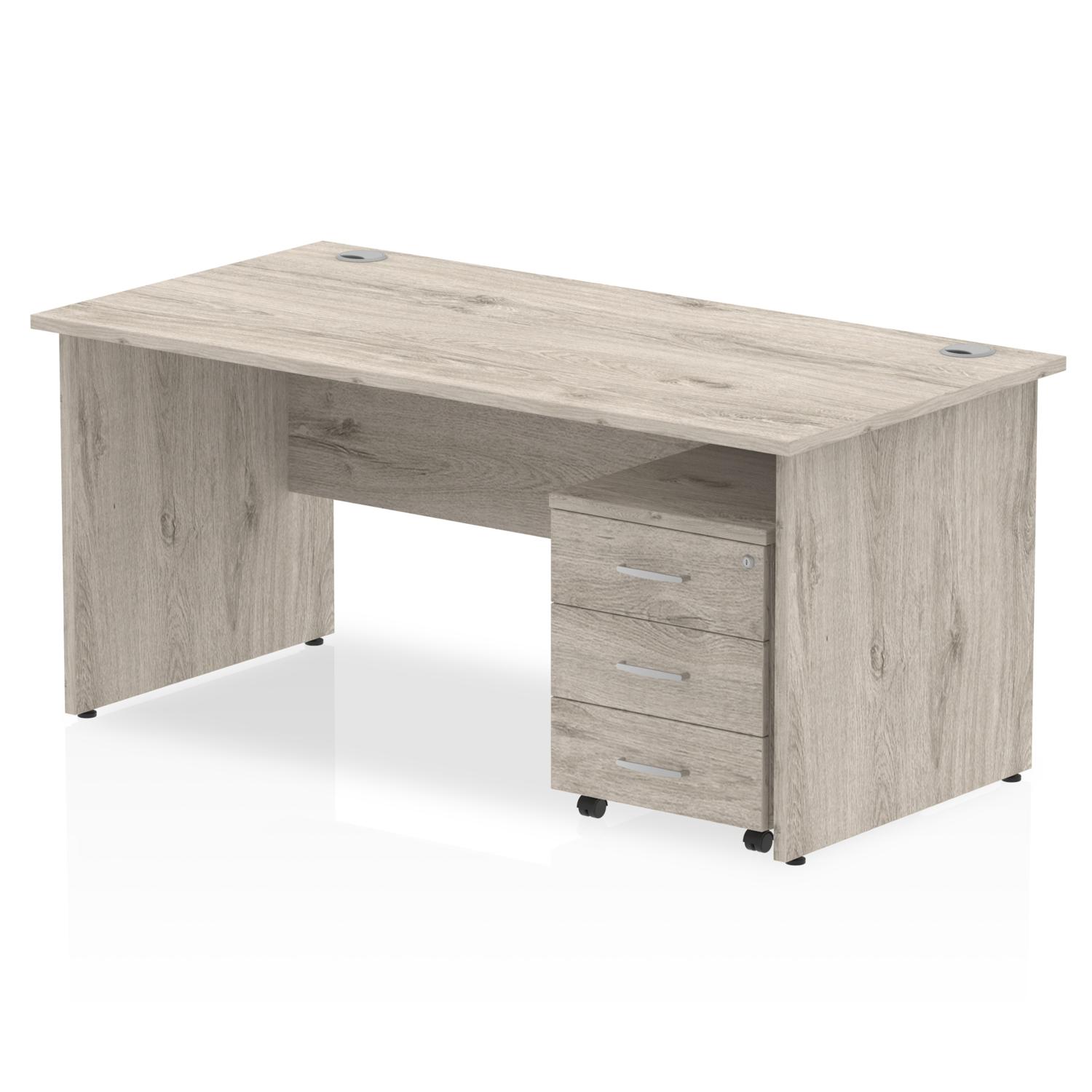 Impulse 1600 x 800mm Straight Office Desk Grey Oak Top Panel End Leg Workstation 3 Drawer Mobile Pedestal